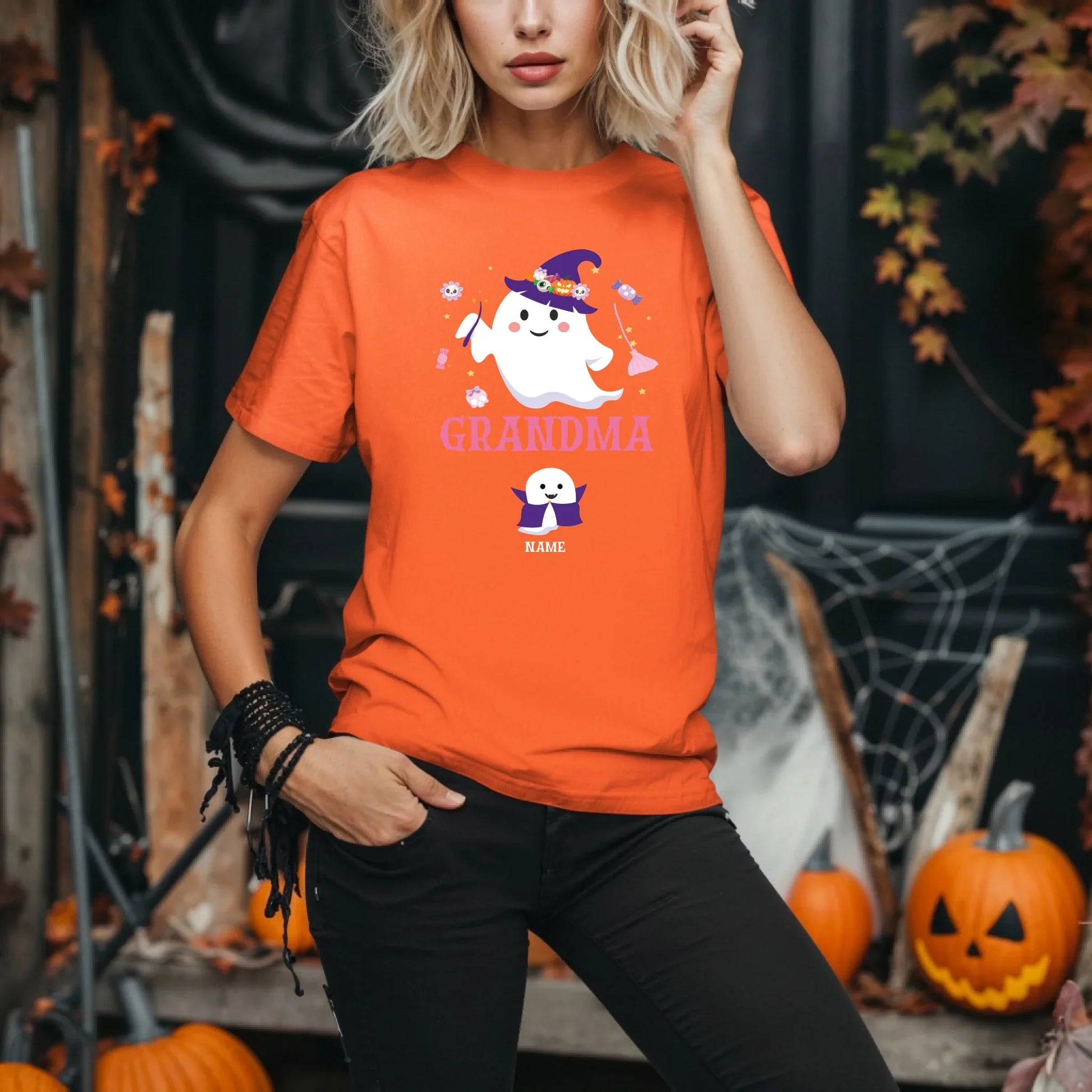 Personalized Halloween Grandma Shirt – Custom Ghosts & Names Tee Hoodie, Sweatshirt | InkThreadWorks.com (Image 2)