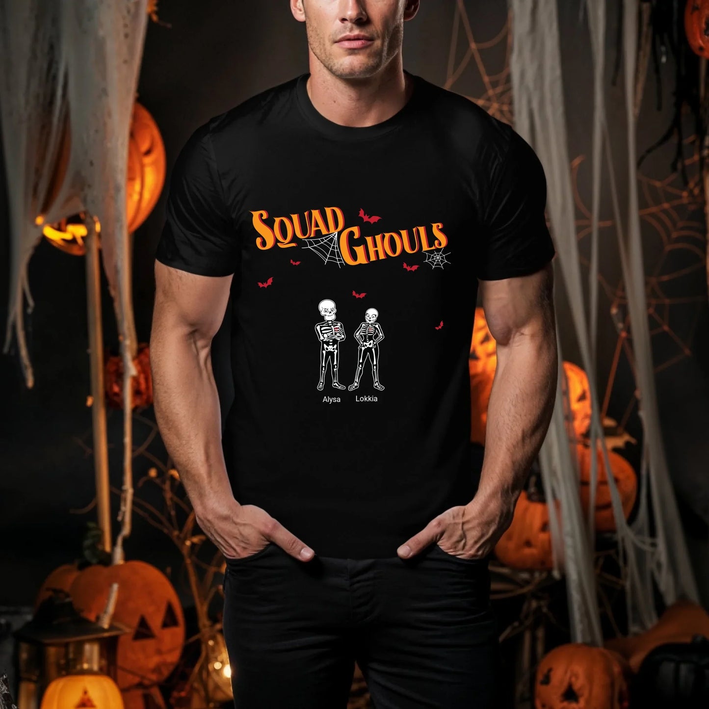 Personalized Squad Ghouls Halloween Shirt – Custom Skeleton Characters & Names for Family or Friends Hoodie,... (Image 1)