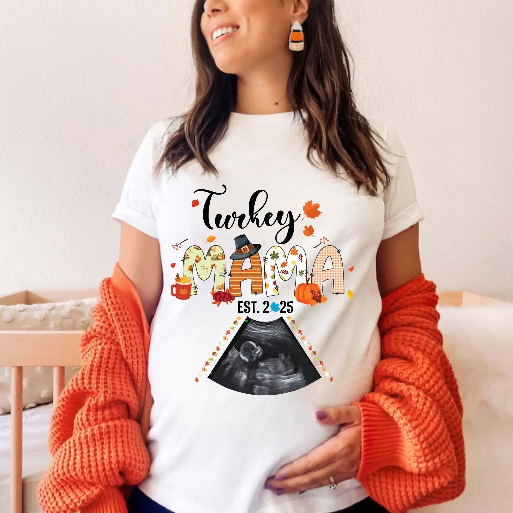 Custom “Turkey Mama EST 2025” Maternity Shirt – Personalized Ultrasound Photo Tee Hoodie, Sweatshirt (Image 1)