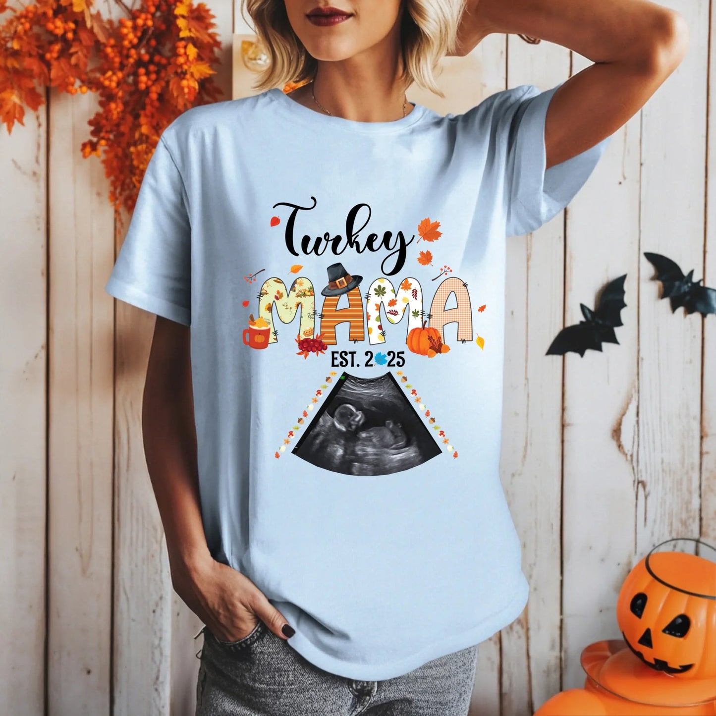 Custom “Turkey Mama EST 2025” Maternity Shirt – Personalized Ultrasound Photo Tee Hoodie, Sweatshirt (Image 2)