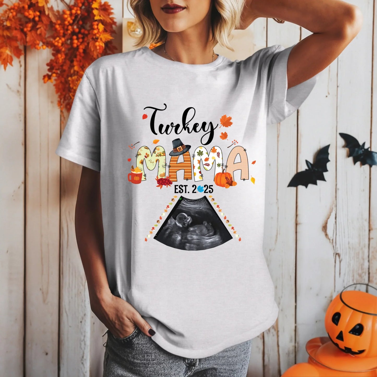 Custom “Turkey Mama EST 2025” Maternity Shirt – Personalized Ultrasound Photo Tee Hoodie, Sweatshirt (Image 4)