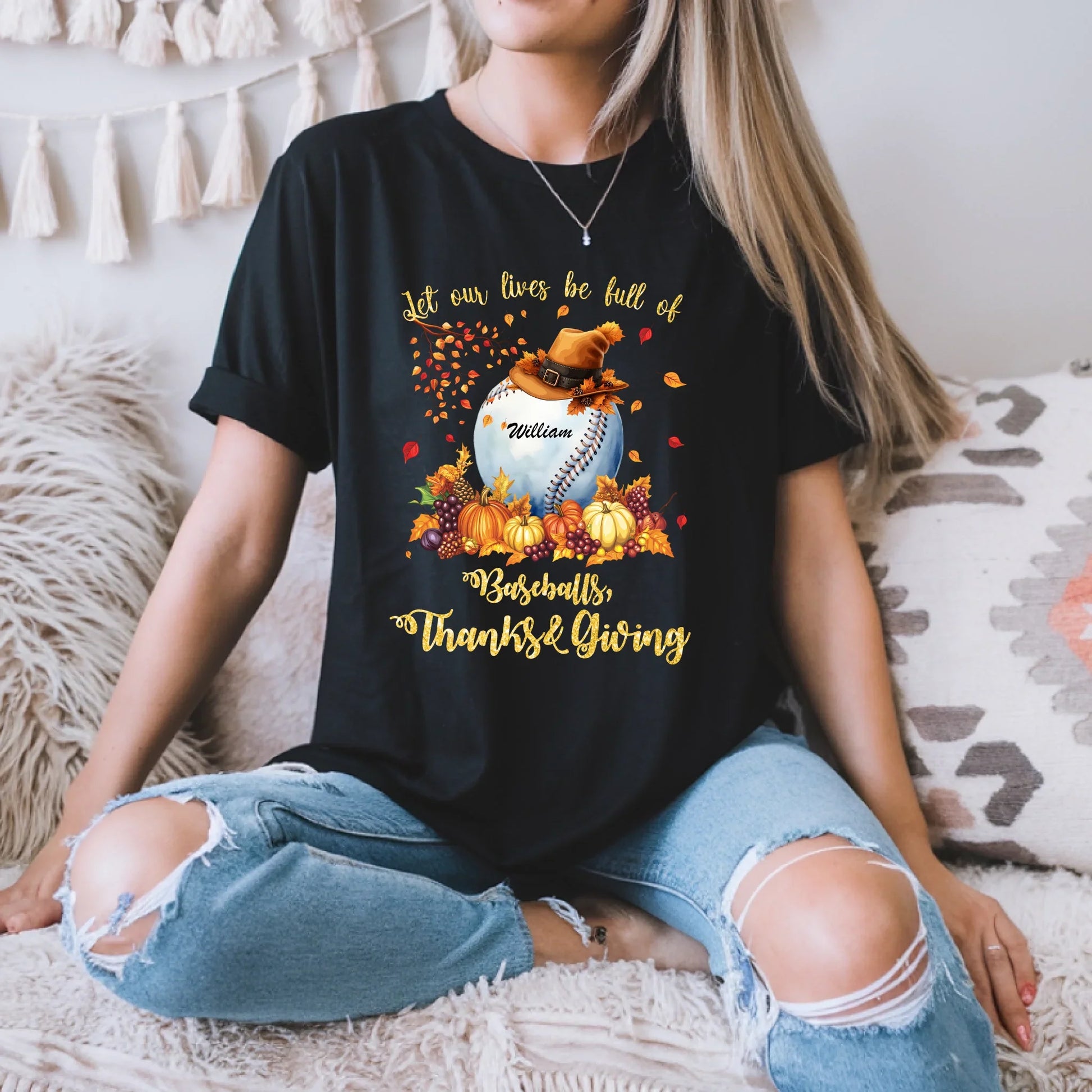 Personalized Thanksgiving Shirt – Baseball Fall Design – Custom Name Gift – Let Our Lives Be Full of Baseballs,... (Image 1)