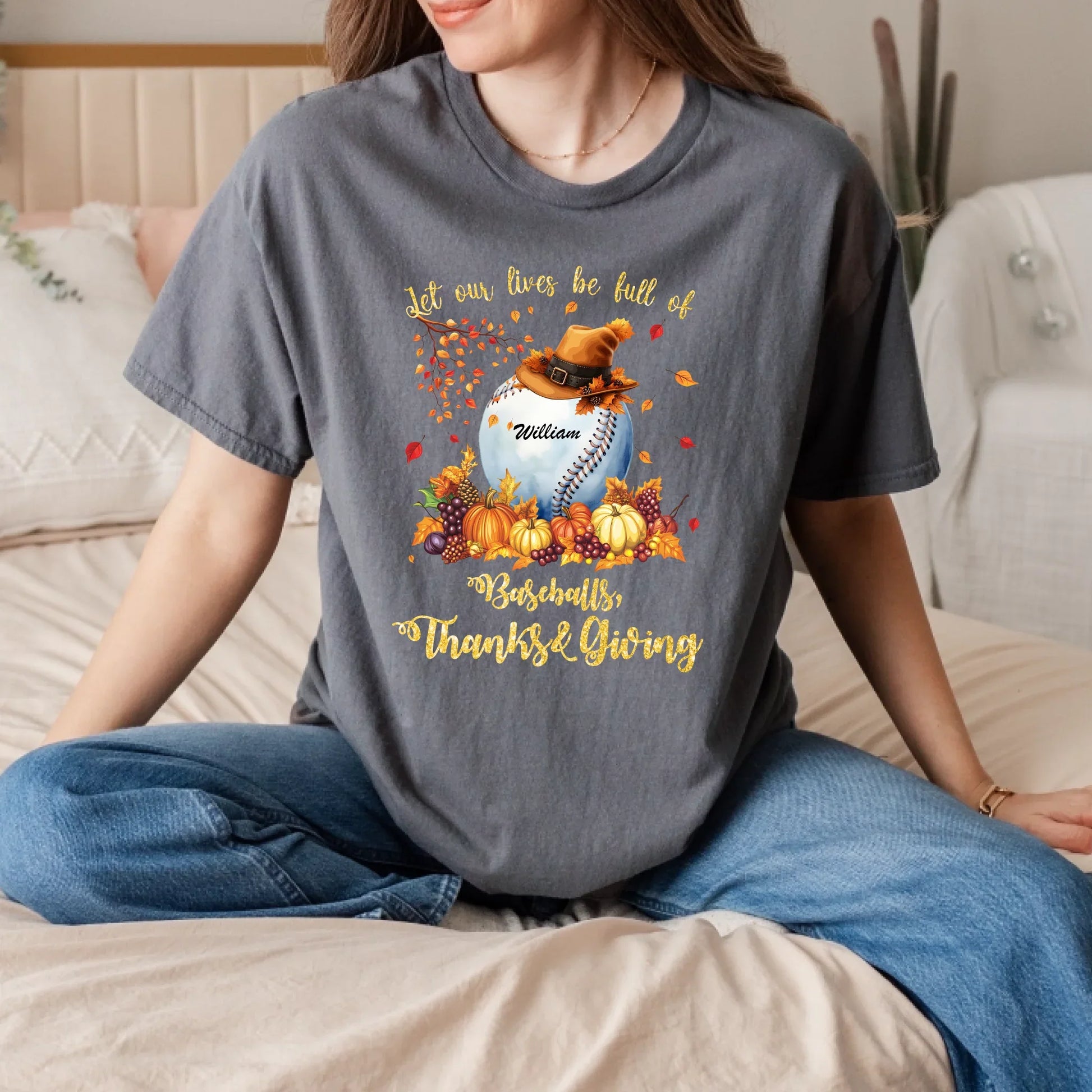 Personalized Thanksgiving Shirt – Baseball Fall Design – Custom Name Gift – Let Our Lives Be Full of Baseballs,... (Image 2)