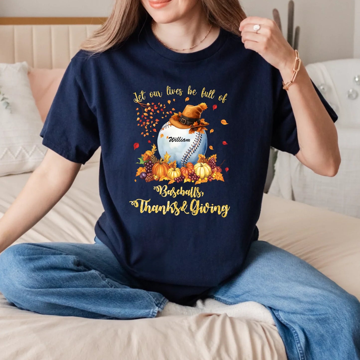 Personalized Thanksgiving Shirt – Baseball Fall Design – Custom Name Gift – Let Our Lives Be Full of Baseballs,... (Image 3)