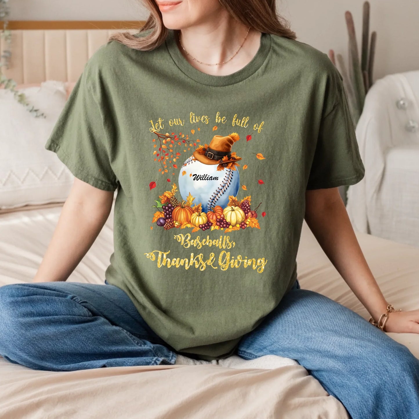 Personalized Thanksgiving Shirt – Baseball Fall Design – Custom Name Gift – Let Our Lives Be Full of Baseballs,... (Image 4)
