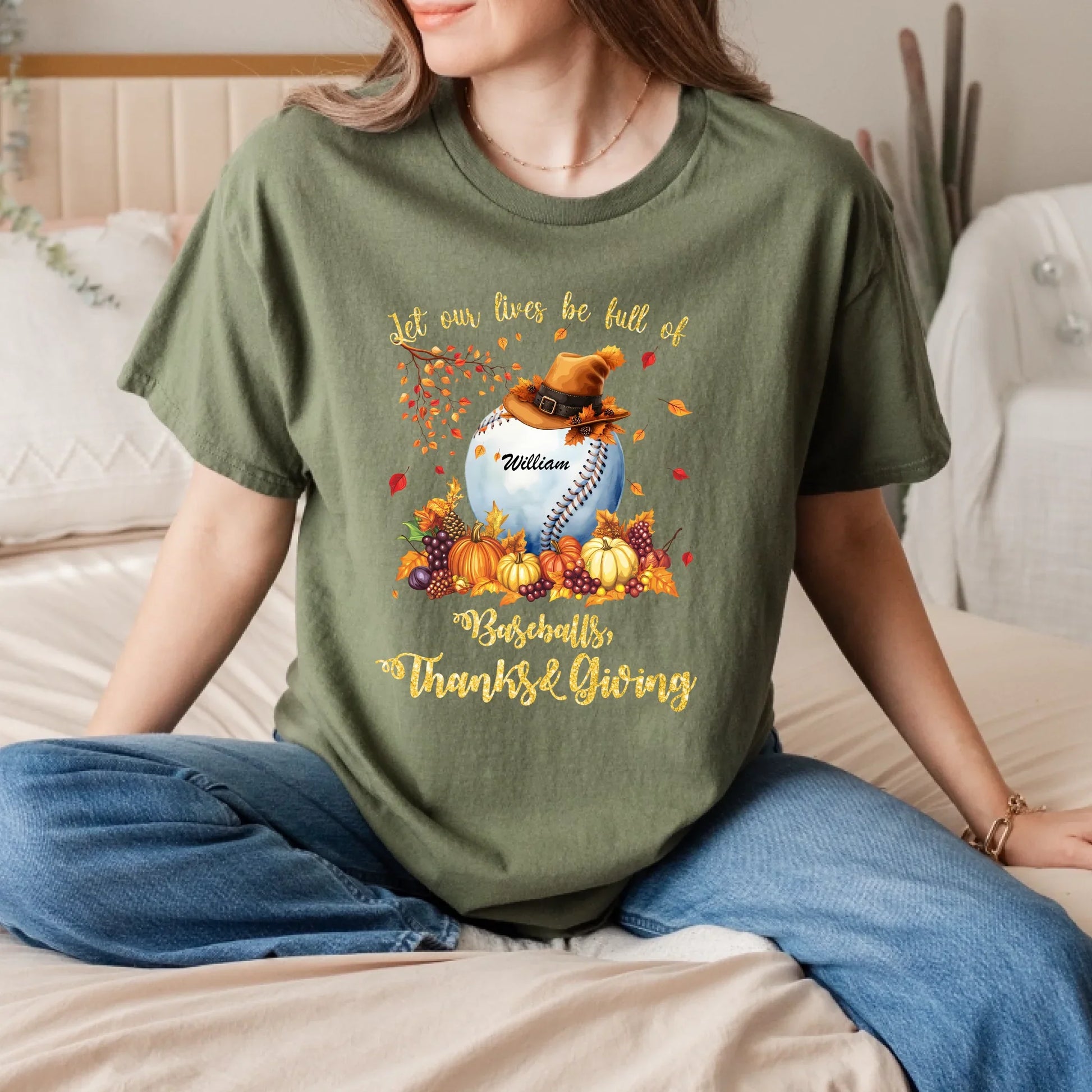Personalized Thanksgiving Shirt – Baseball Fall Design – Custom Name Gift – Let Our Lives Be Full of Baseballs,... (Image 4)