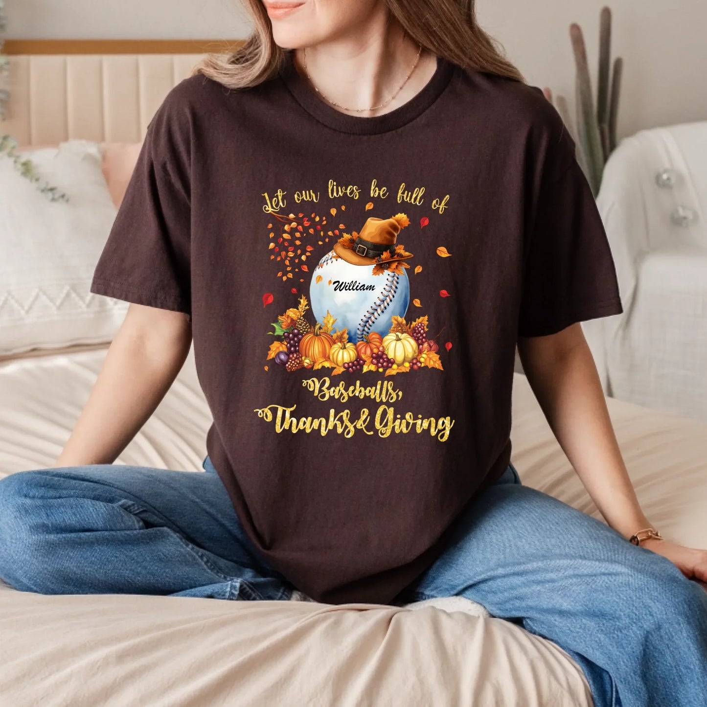 Personalized Thanksgiving Shirt – Baseball Fall Design – Custom Name Gift – Let Our Lives Be Full of Baseballs,... (Image 5)