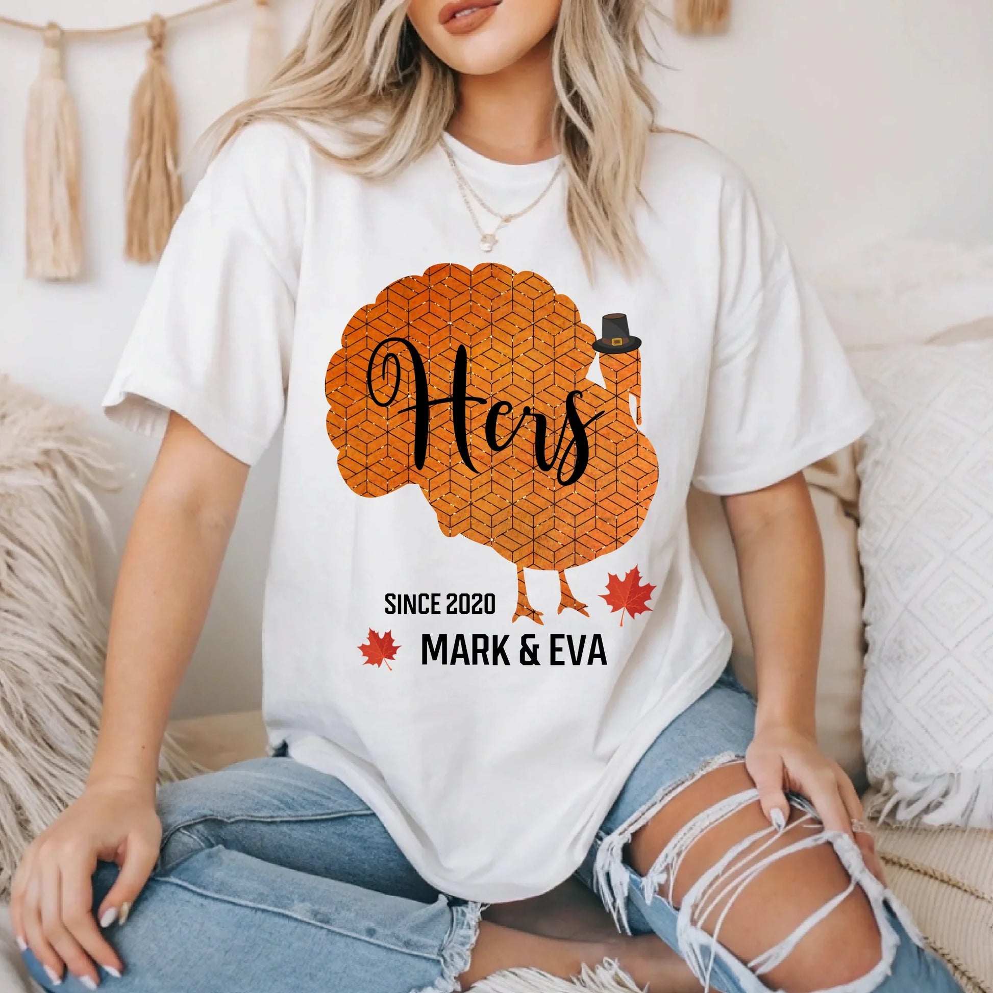 Personalized Couple Shirts – His & Hers Turkey Design with Custom Names & Anniversary Year Hoodie, Sweatshirt (Image 3)