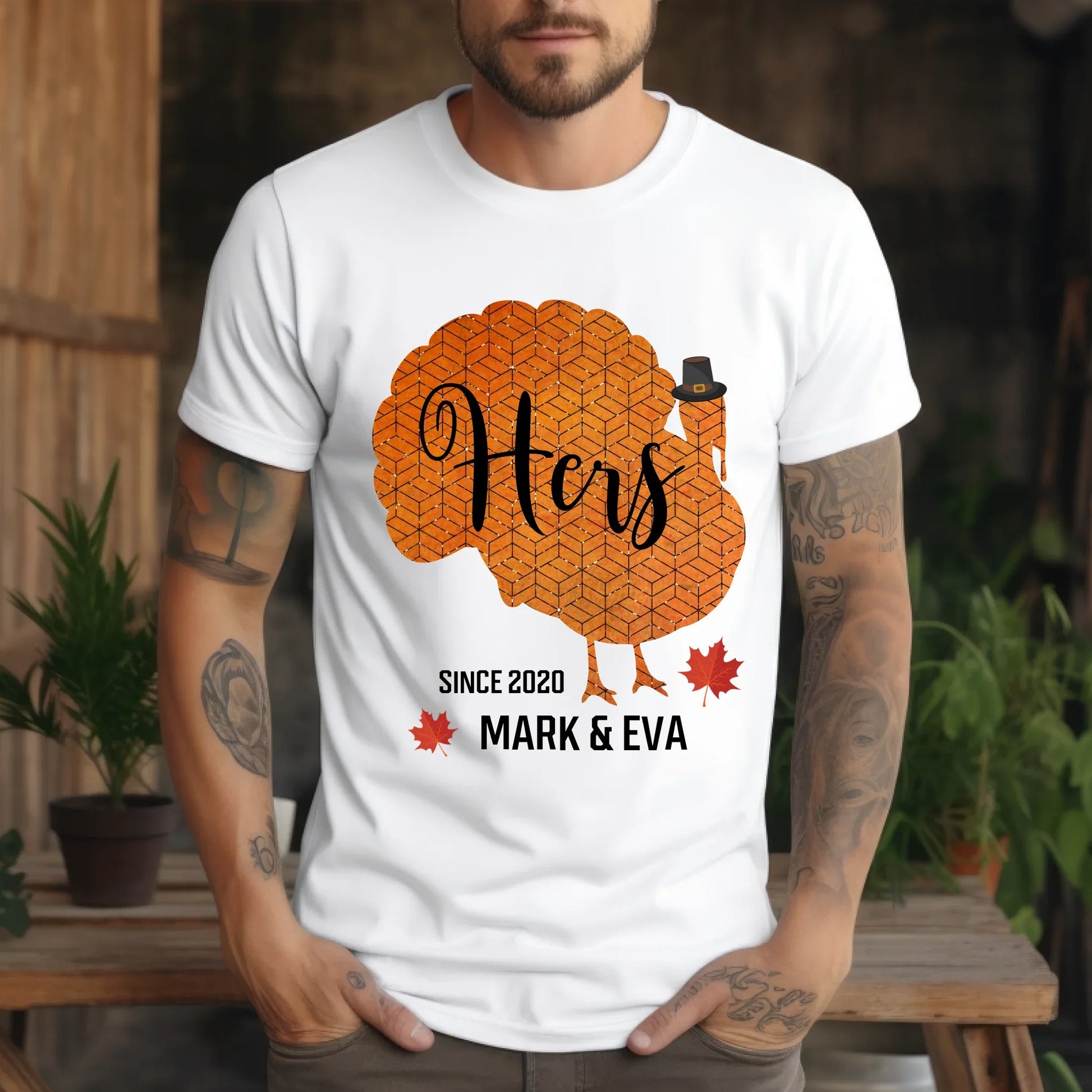 Personalized Couple Shirts – His & Hers Turkey Design with Custom Names & Anniversary Year Hoodie, Sweatshirt (Image 4)