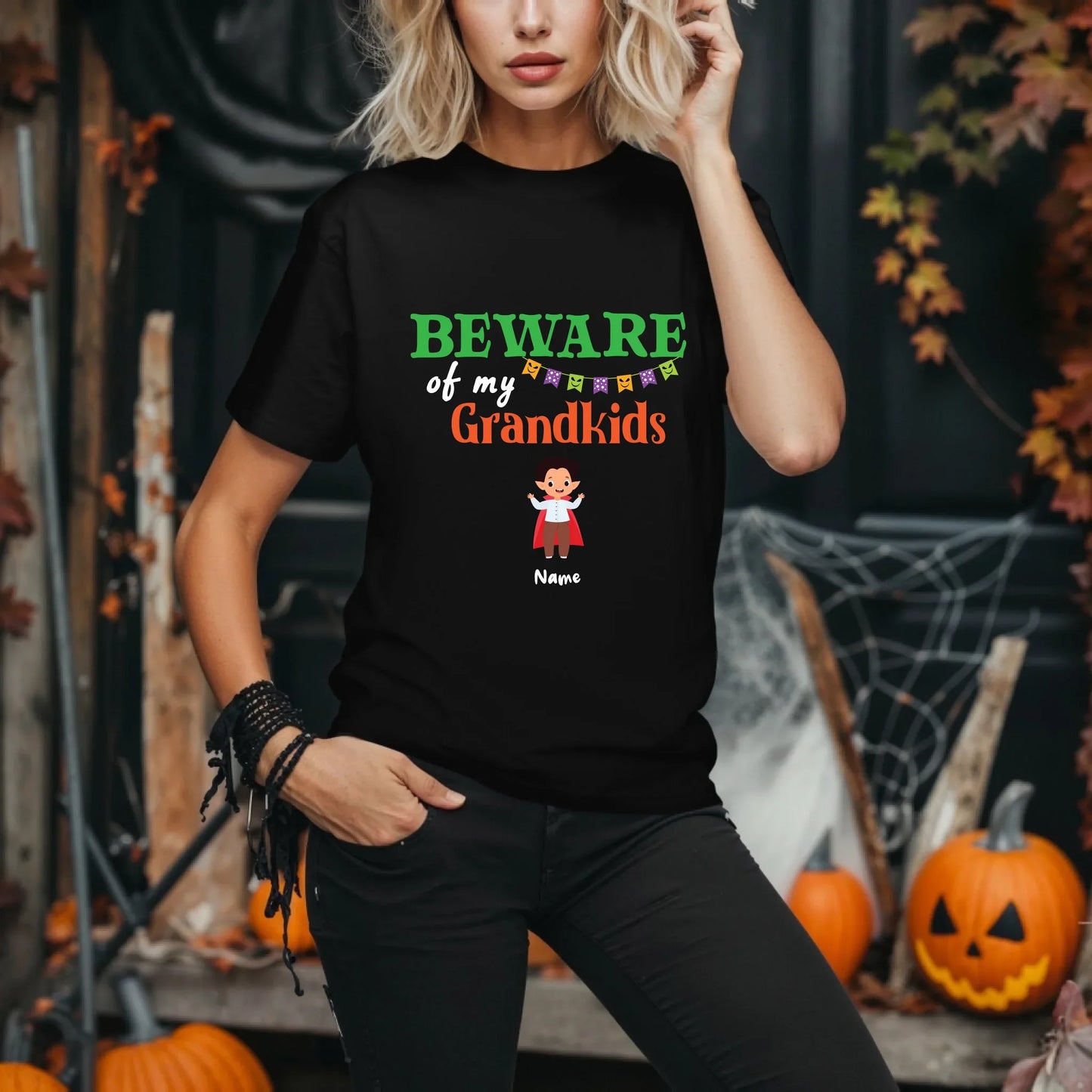 Personalized Beware of My Grandkids Halloween Shirt – Custom Costumes & Names – Add Up to 8 Grandchildren... (Image 1)