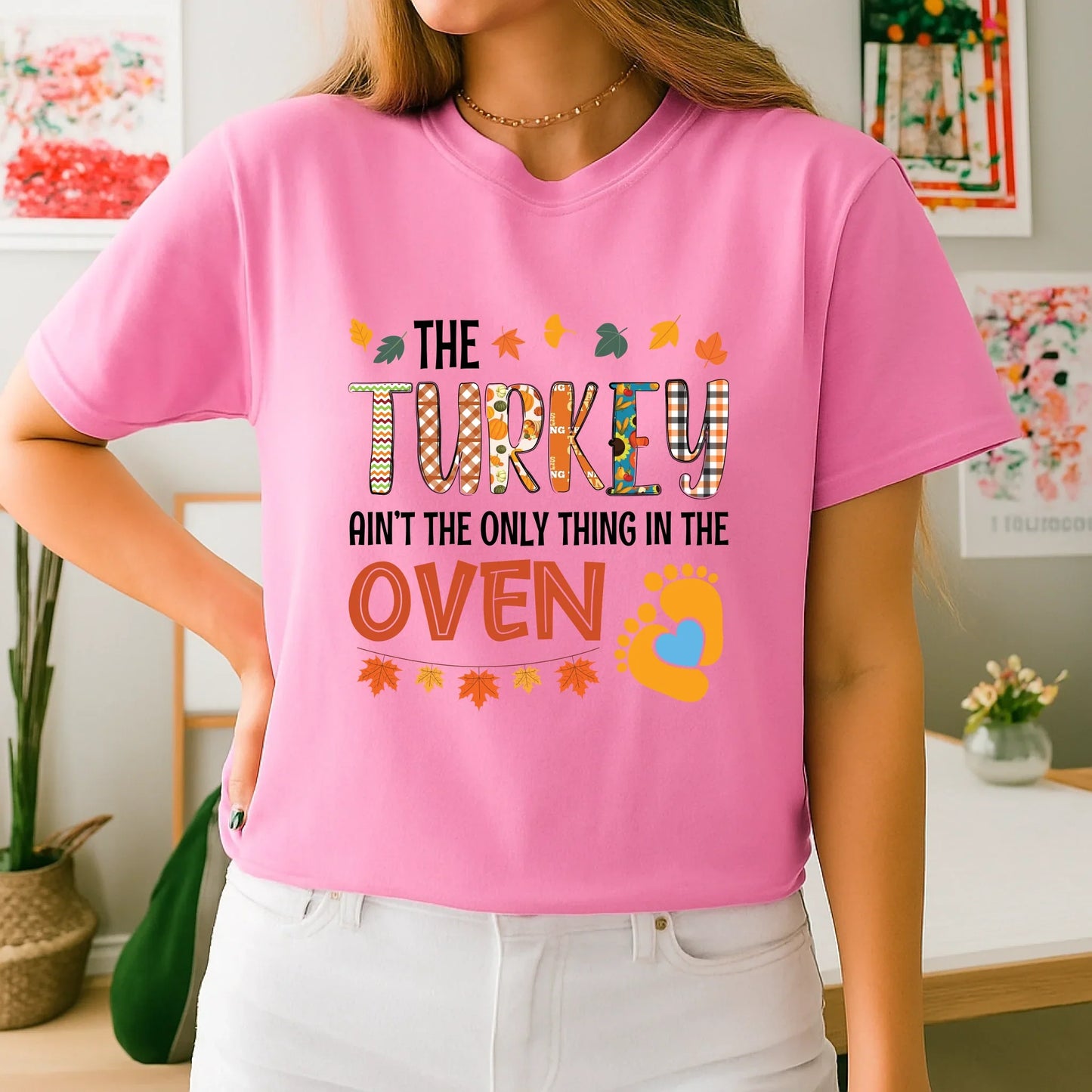 Funny Thanksgiving Pregnancy Announcement Shirt – The Turkey Ain’t the Only Thing in the Oven – Maternity... (Image 4)