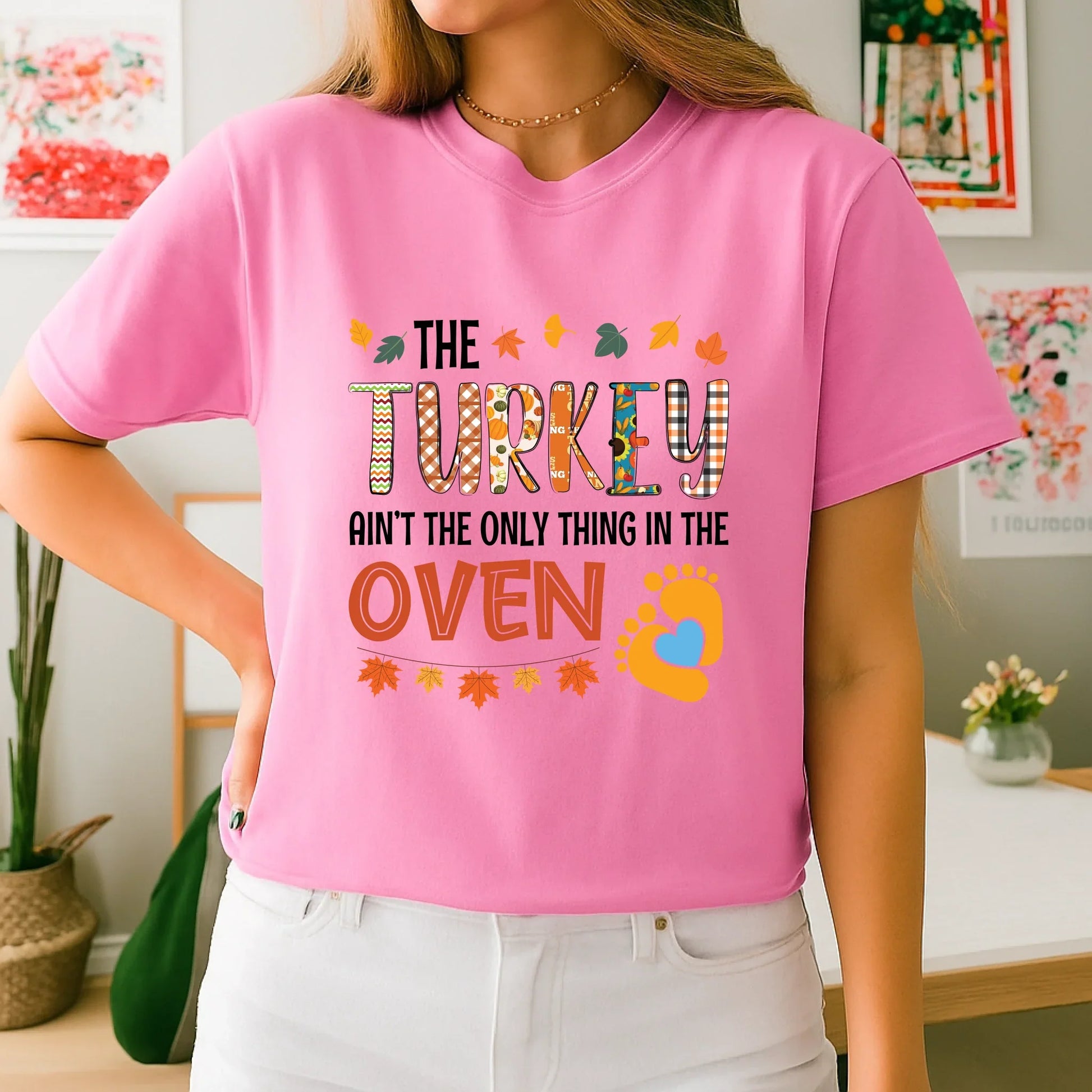 Funny Thanksgiving Pregnancy Announcement Shirt – The Turkey Ain’t the Only Thing in the Oven – Maternity... (Image 4)