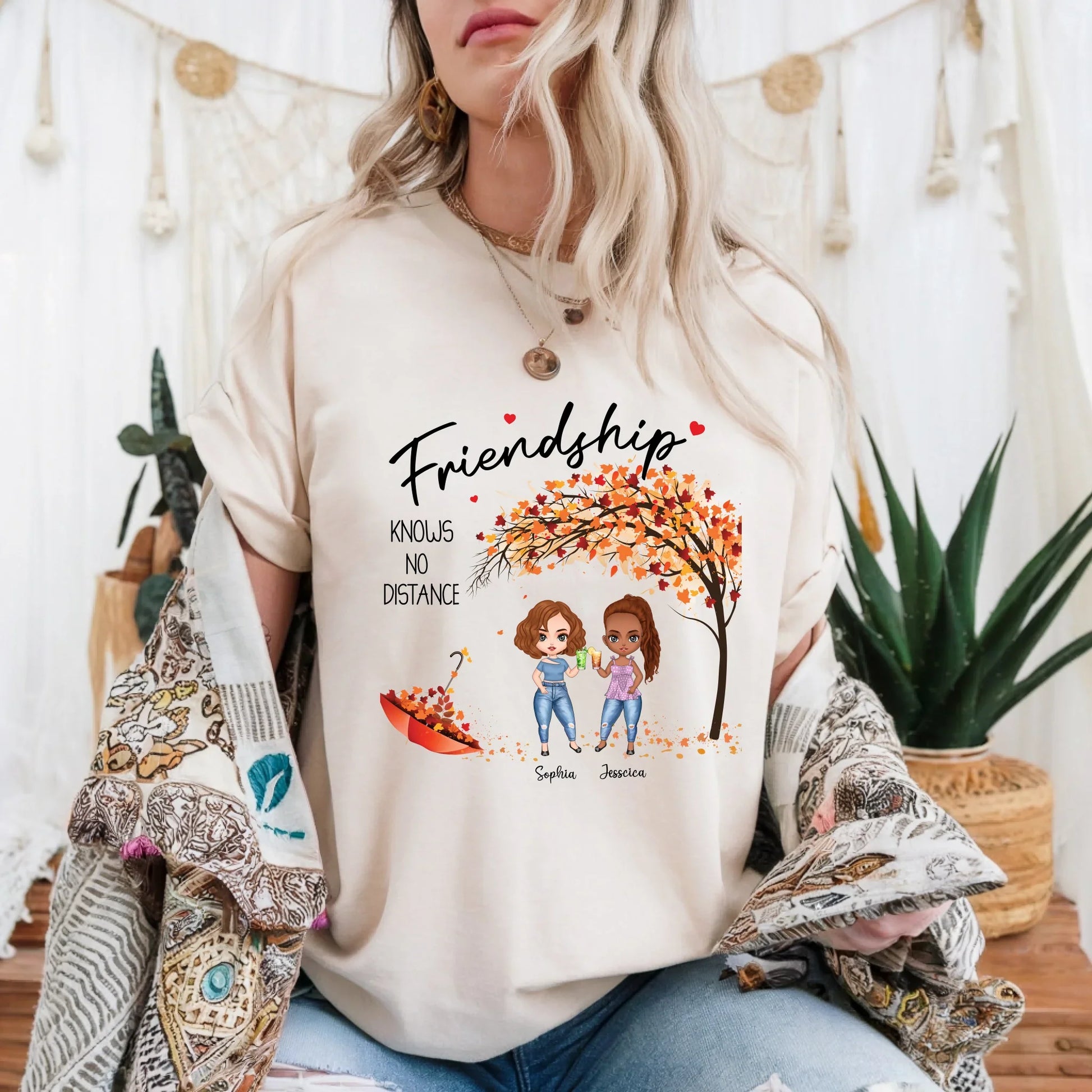 Personalized Long-Distance Best Friend Thanksgiving Shirt – Custom Names & Characters – Friendship Knows No... (Image 1)