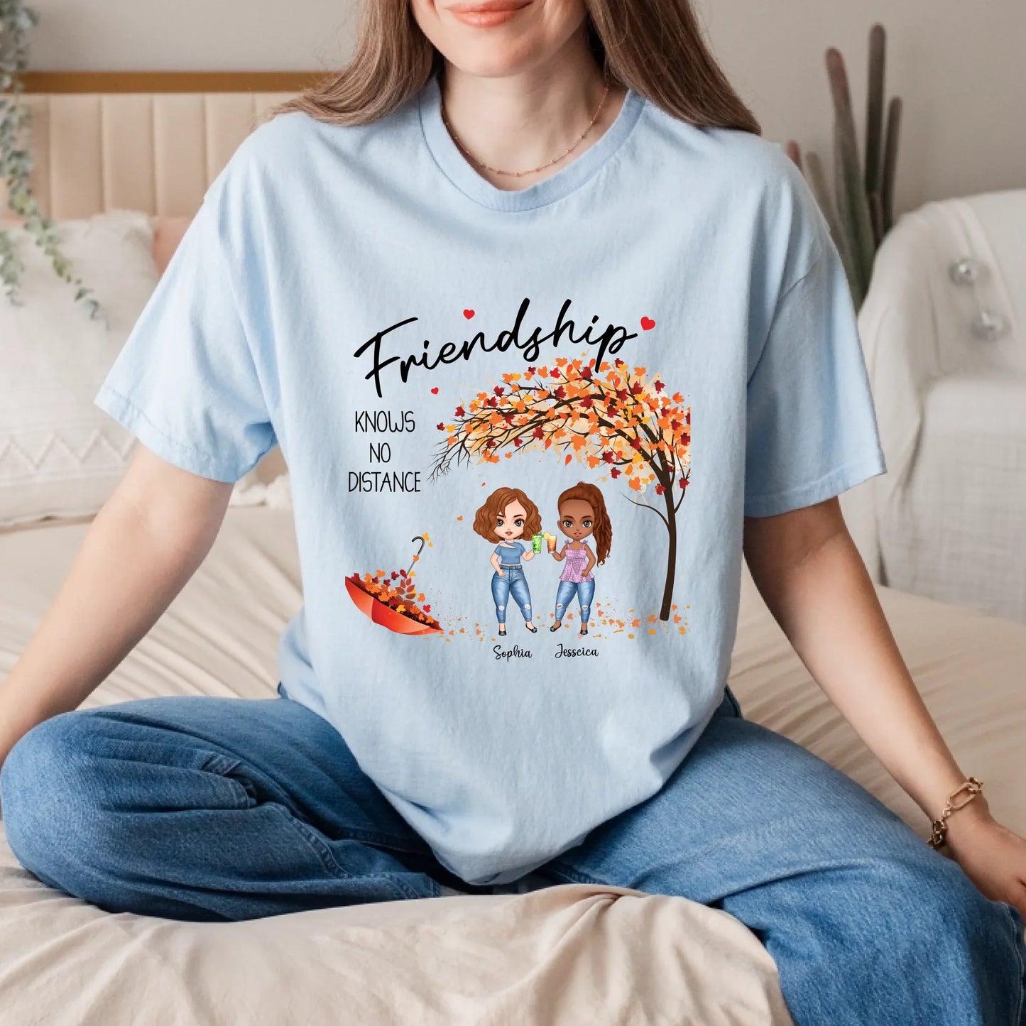 Personalized Long-Distance Best Friend Thanksgiving Shirt – Custom Names & Characters – Friendship Knows No... (Image 3)