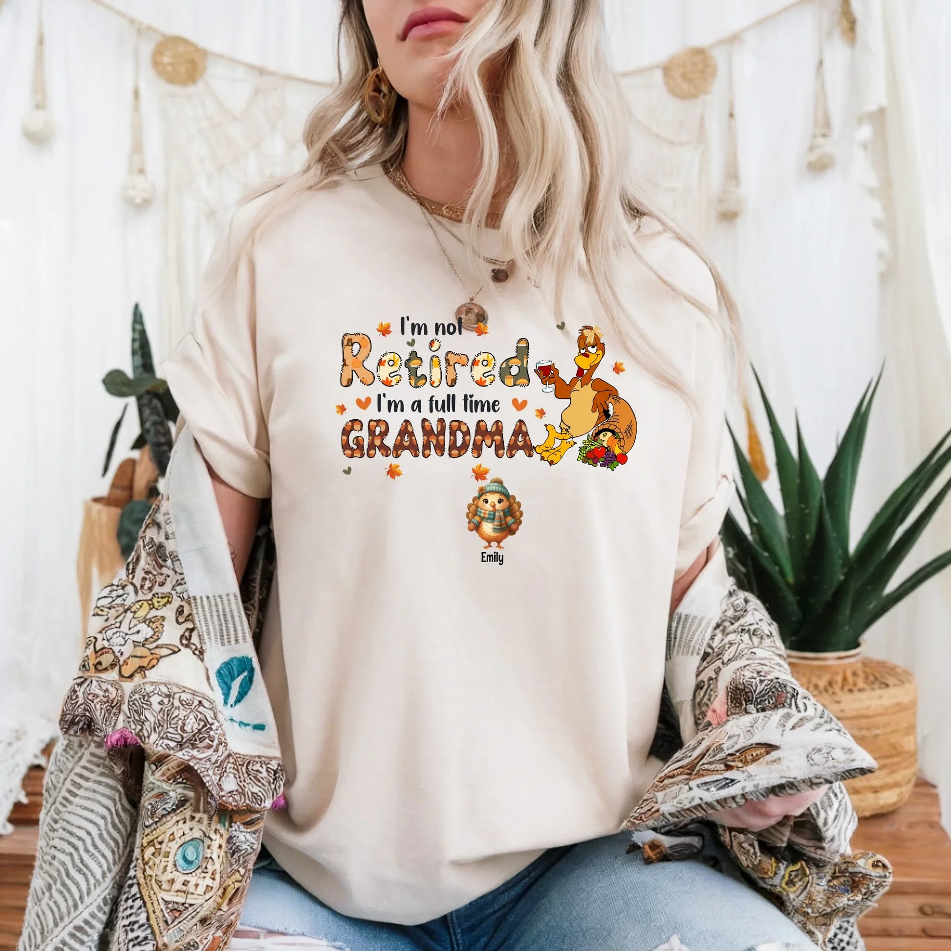 Personalized “I’m Not Retired – I’m a Full-Time Grandma/Grandpa” Thanksgiving Shirt with Grandkids’ Names &... (Image 1)