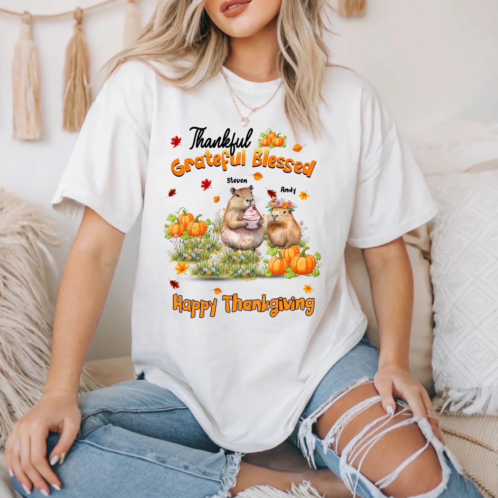 Personalized Thanksgiving Shirt – Custom Family Names & Capybara Fall Gift Hoodie, Sweatshirt | InkThreadWorks.com (Image 1)