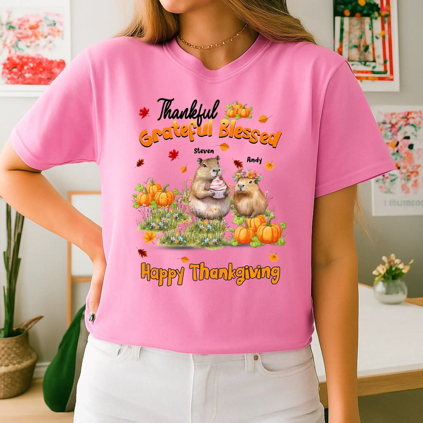 Personalized Thanksgiving Shirt – Custom Family Names & Capybara Fall Gift Hoodie, Sweatshirt | InkThreadWorks.com (Image 4)