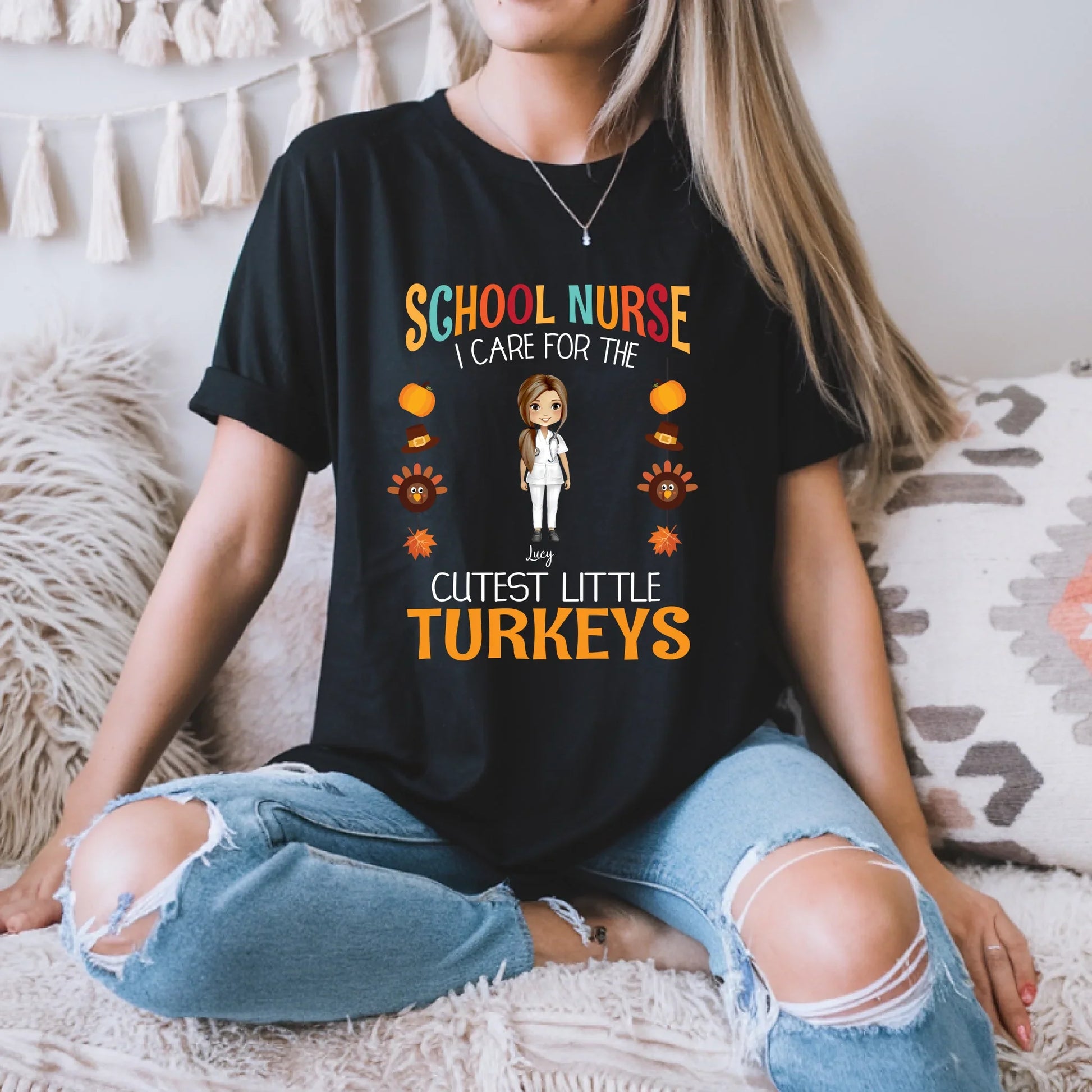 School Nurse Thanksgiving Shirt – Personalized Names – I Care for the Cutest Little Turkeys Hoodie, Sweatshirt (Image 1)