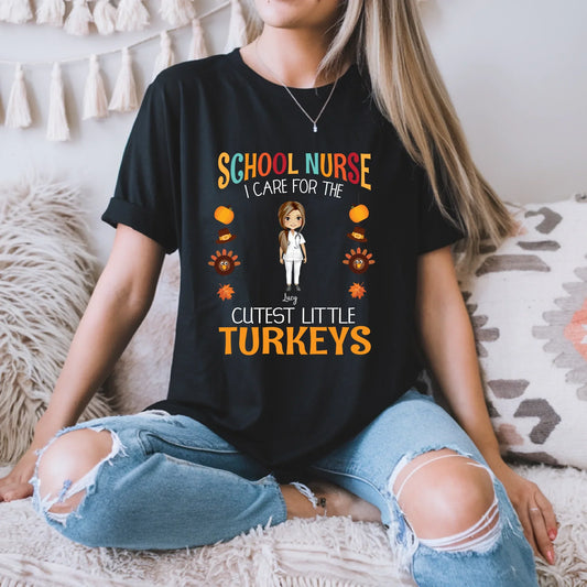 School Nurse Thanksgiving Shirt – Personalized Names – I Care for the Cutest Little Turkeys Hoodie, Sweatshirt (Image 1)