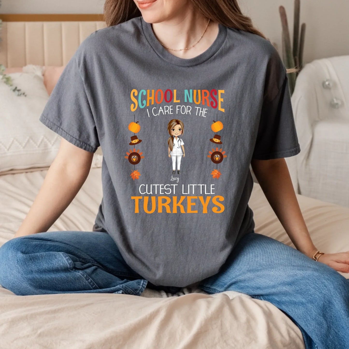 School Nurse Thanksgiving Shirt – Personalized Names – I Care for the Cutest Little Turkeys Hoodie, Sweatshirt (Image 2)