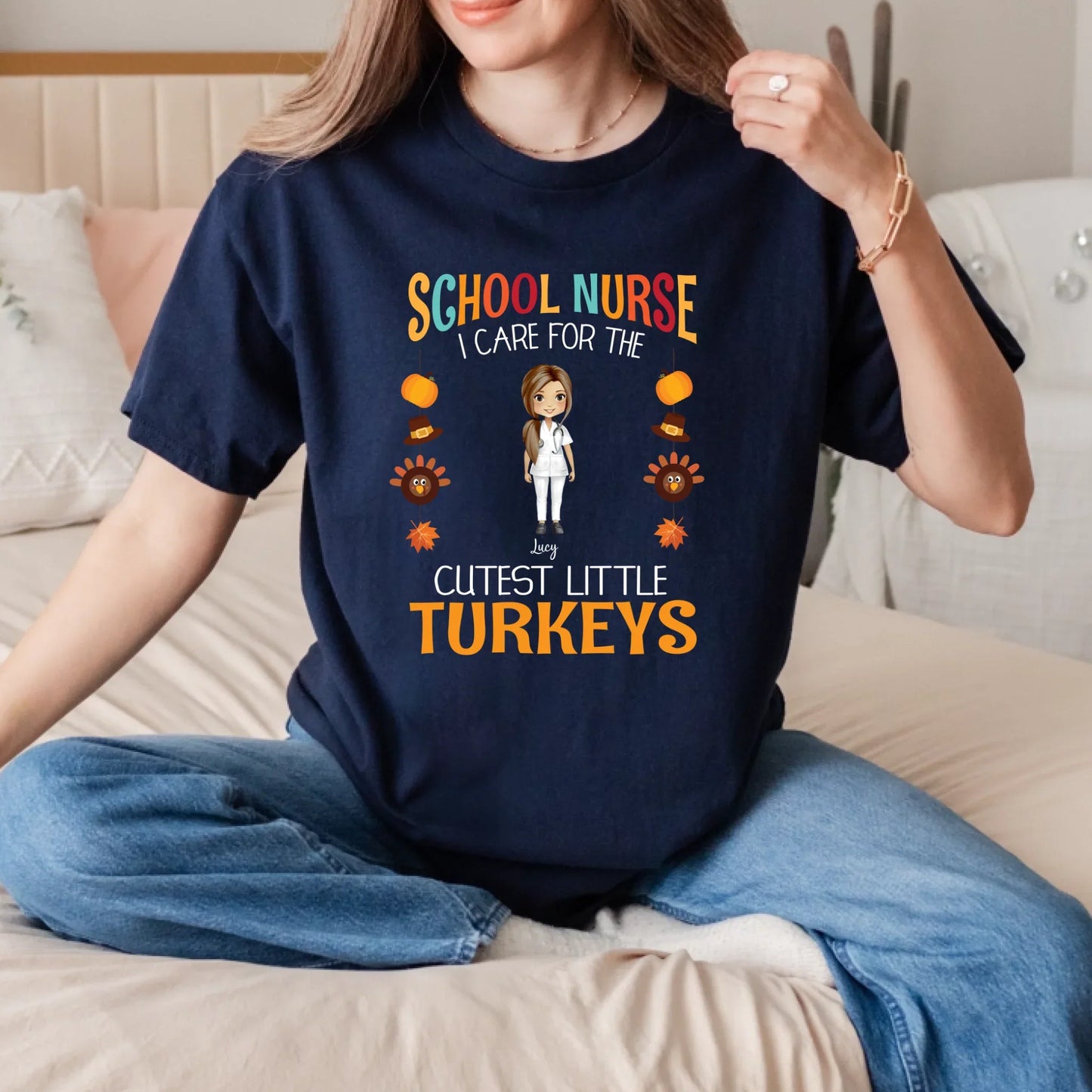 School Nurse Thanksgiving Shirt – Personalized Names – I Care for the Cutest Little Turkeys Hoodie, Sweatshirt (Image 3)