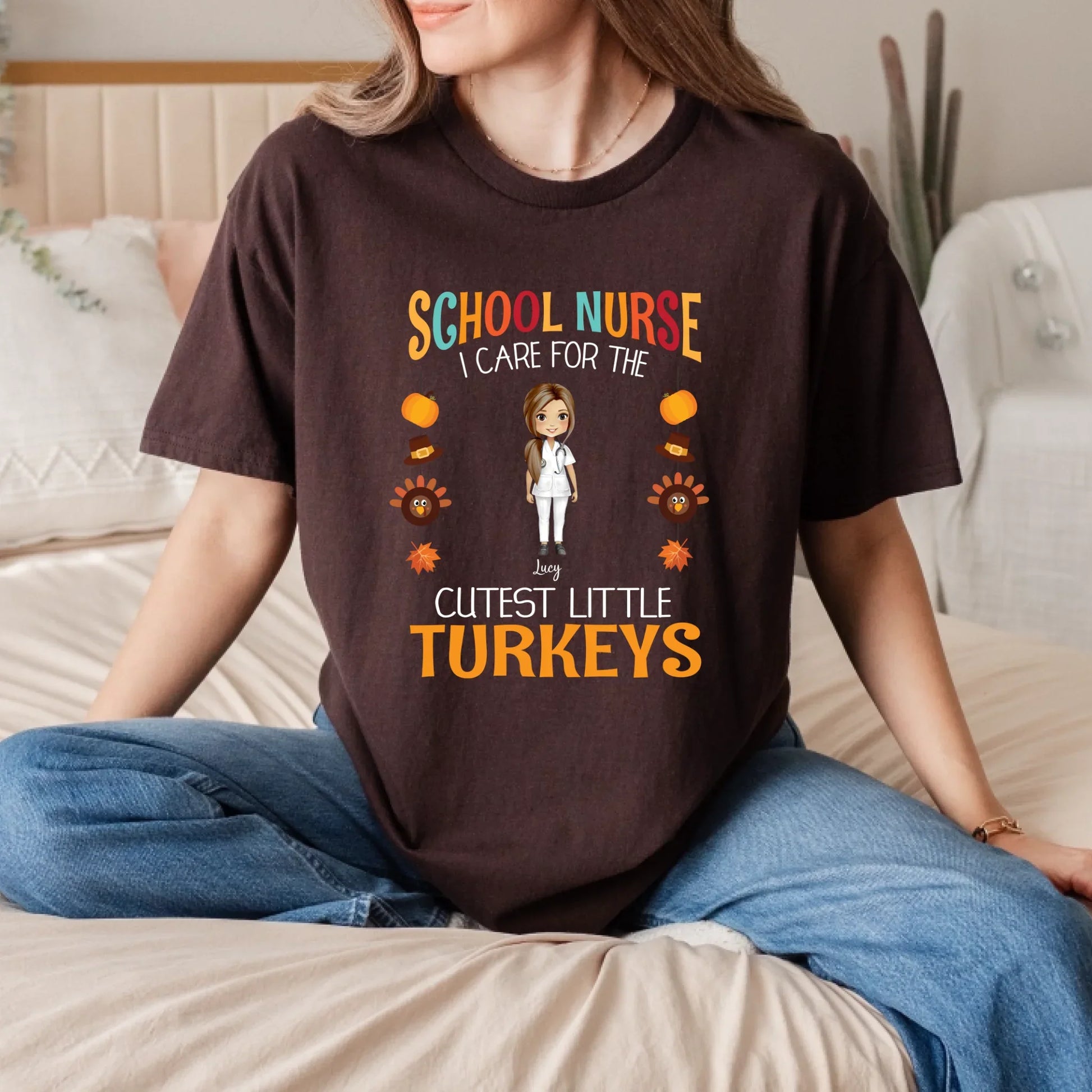 School Nurse Thanksgiving Shirt – Personalized Names – I Care for the Cutest Little Turkeys Hoodie, Sweatshirt (Image 5)