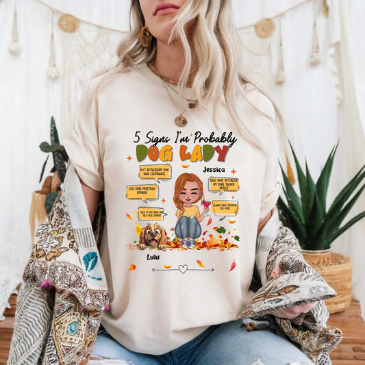 Personalized Thanksgiving Dog Mom Shirt – 5 Signs I'm Probably a Dog Lady – Custom Pet Names & Breeds Tee... (Image 1)
