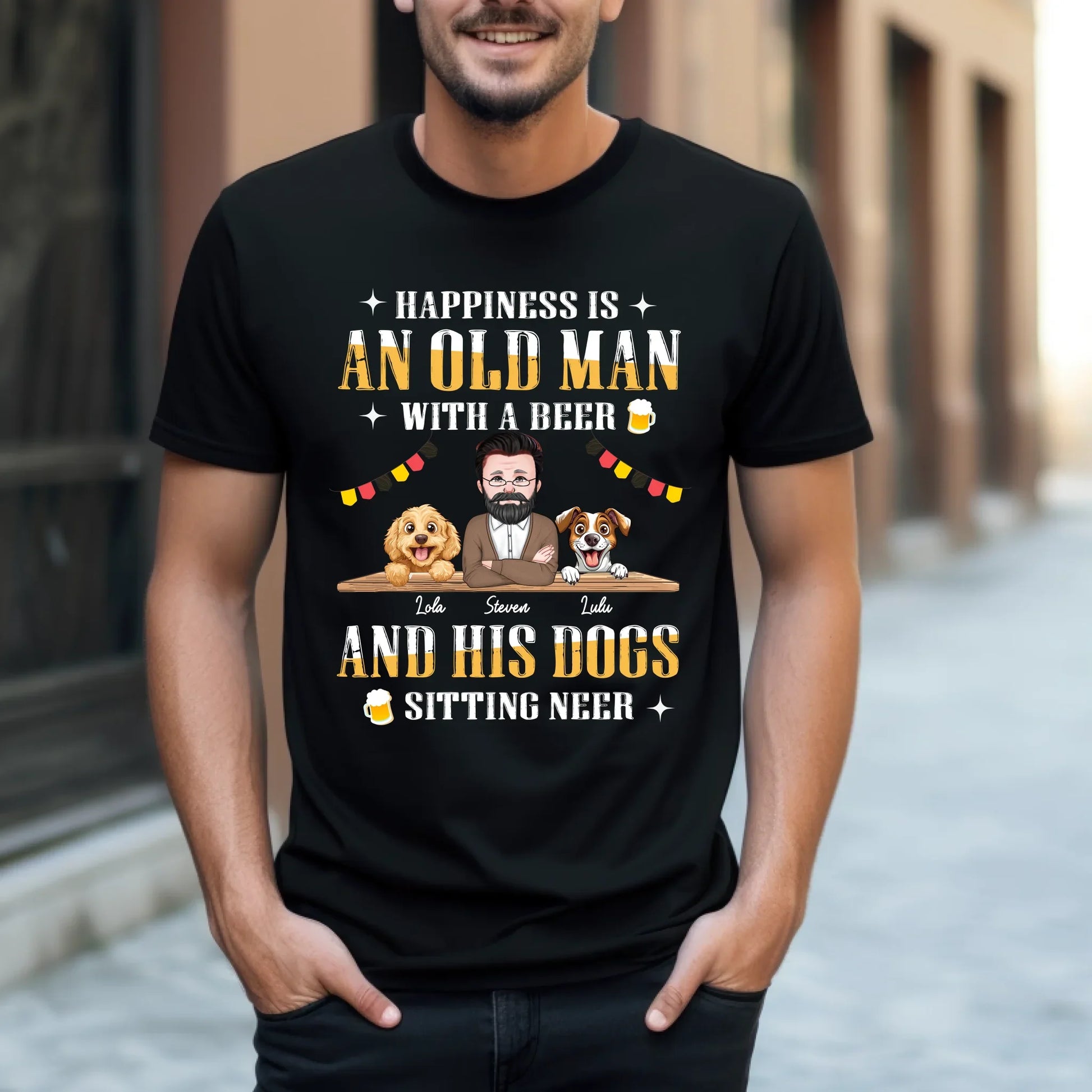 Personalized Old Man and Dogs Shirt – Custom Dog Names, Characters & Beer Quote – Funny Gift for Dog Dads &... (Image 1)