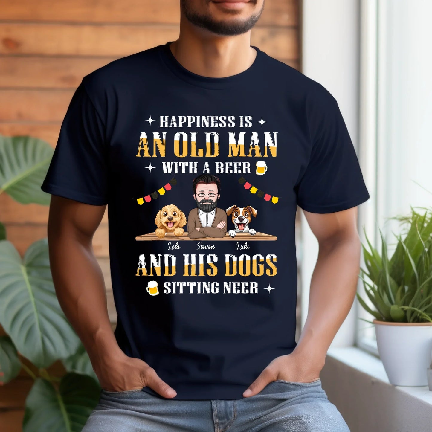 Personalized Old Man and Dogs Shirt – Custom Dog Names, Characters & Beer Quote – Funny Gift for Dog Dads &... (Image 2)