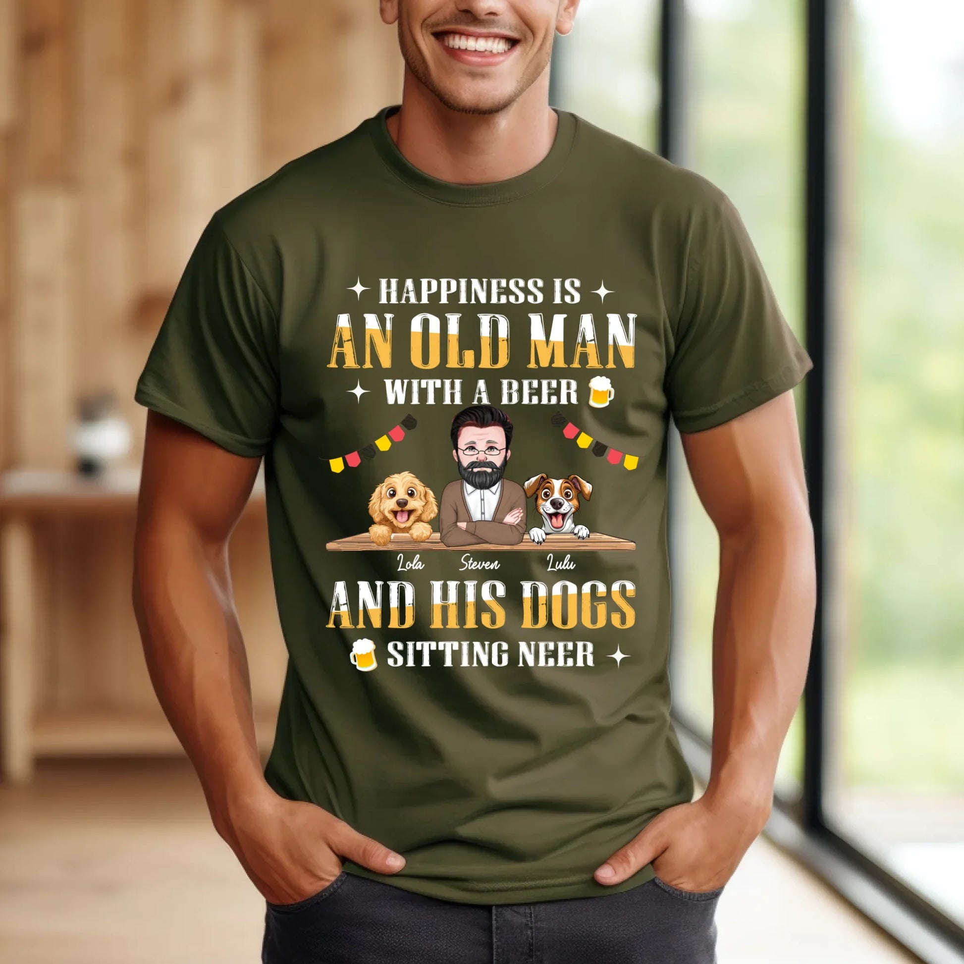 Personalized Old Man and Dogs Shirt – Custom Dog Names, Characters & Beer Quote – Funny Gift for Dog Dads &... (Image 3)