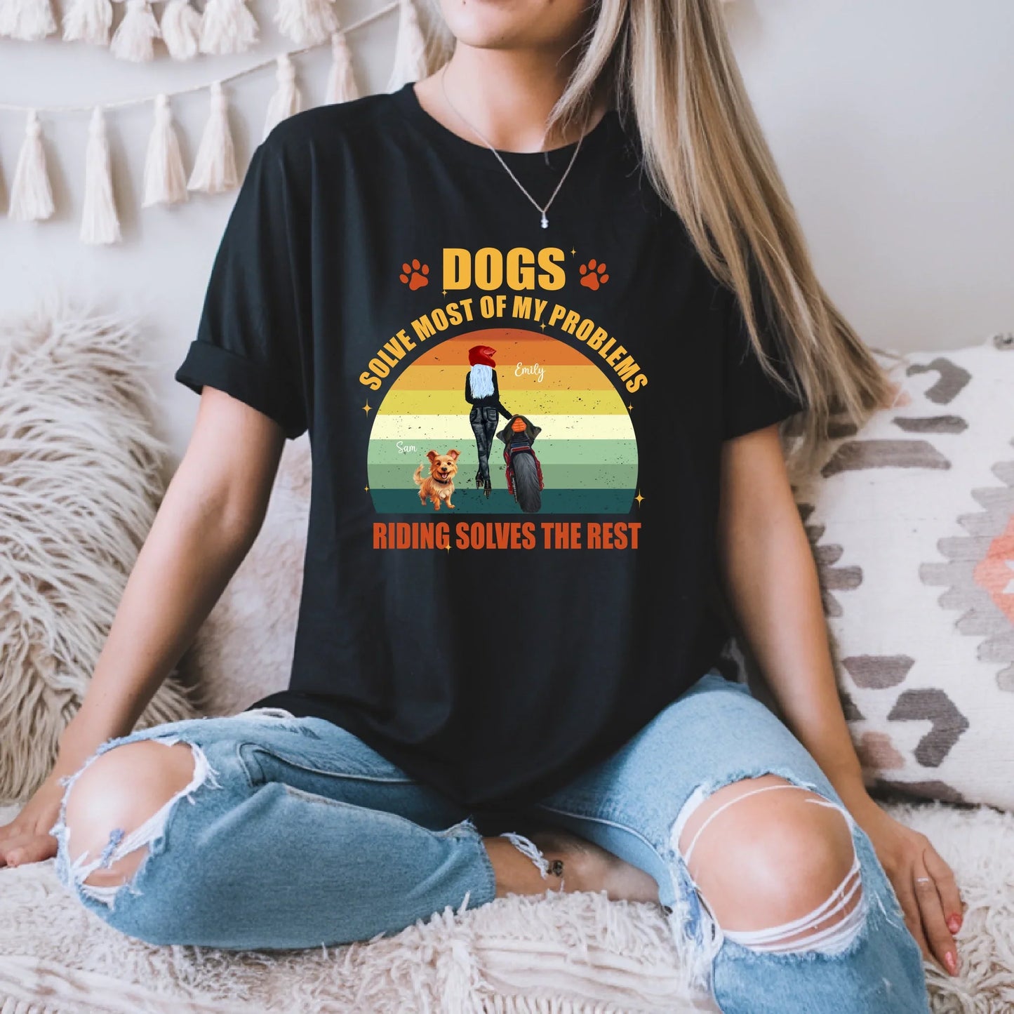 Personalized "Dogs Solve Most of My Problems, Riding Solves the Rest" Biker Motorcycle T-Shirt – Custom Name,... (Image 1)