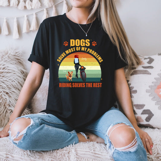Personalized "Dogs Solve Most of My Problems, Riding Solves the Rest" Biker Motorcycle T-Shirt – Custom Name,... (Image 1)