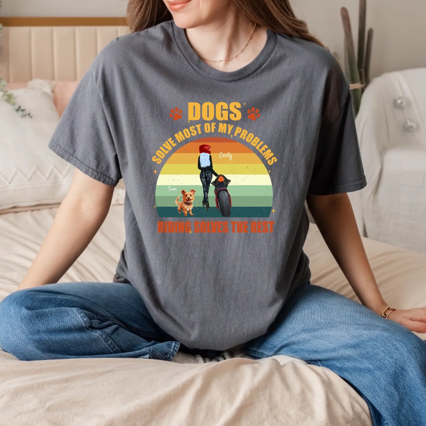 Personalized "Dogs Solve Most of My Problems, Riding Solves the Rest" Biker Motorcycle T-Shirt – Custom Name,... (Image 2)