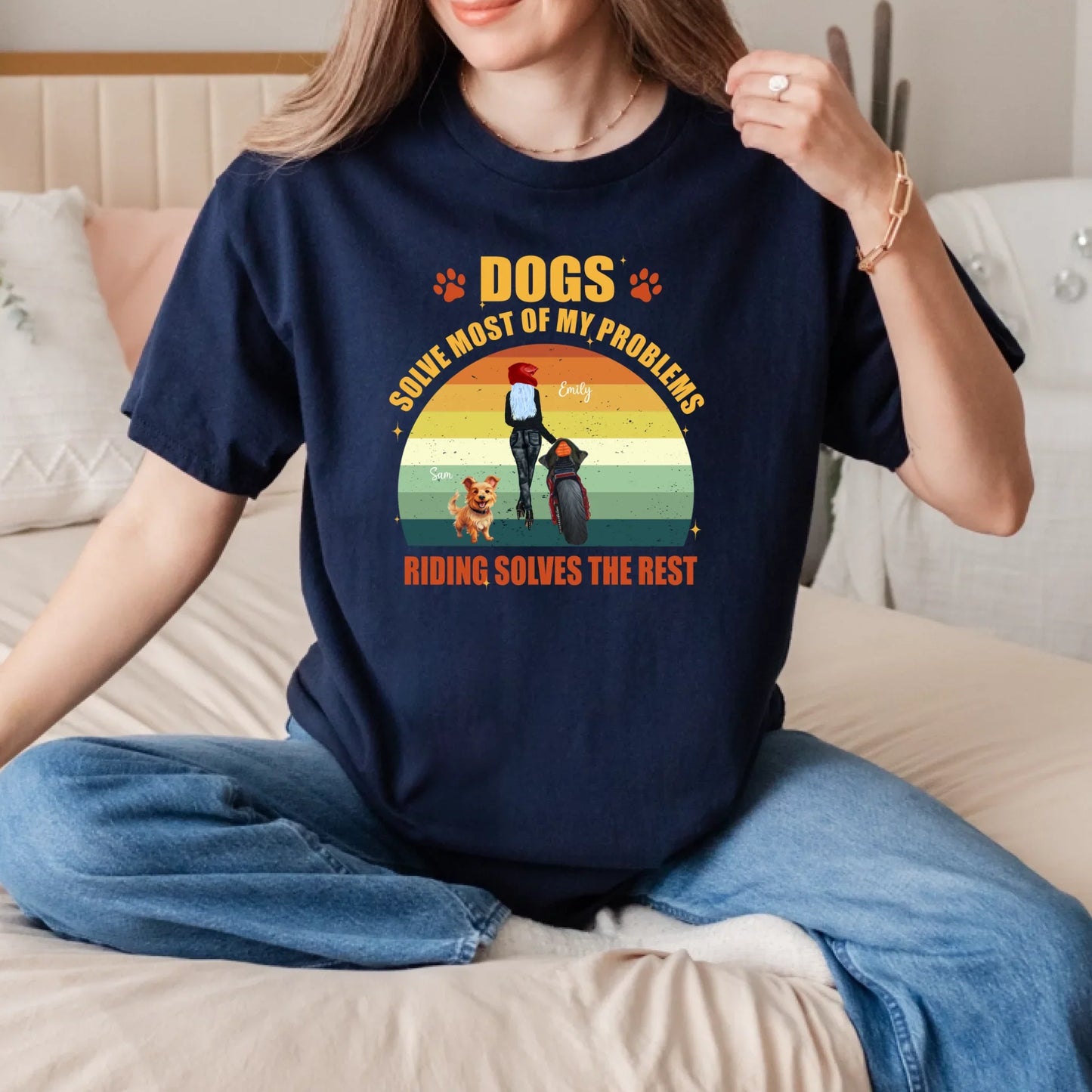 Personalized "Dogs Solve Most of My Problems, Riding Solves the Rest" Biker Motorcycle T-Shirt – Custom Name,... (Image 3)