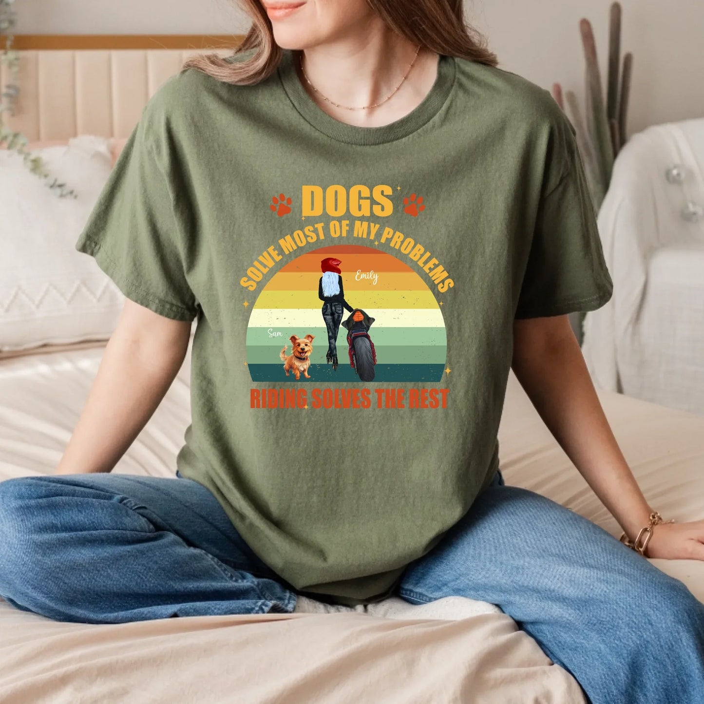 Personalized "Dogs Solve Most of My Problems, Riding Solves the Rest" Biker Motorcycle T-Shirt – Custom Name,... (Image 4)