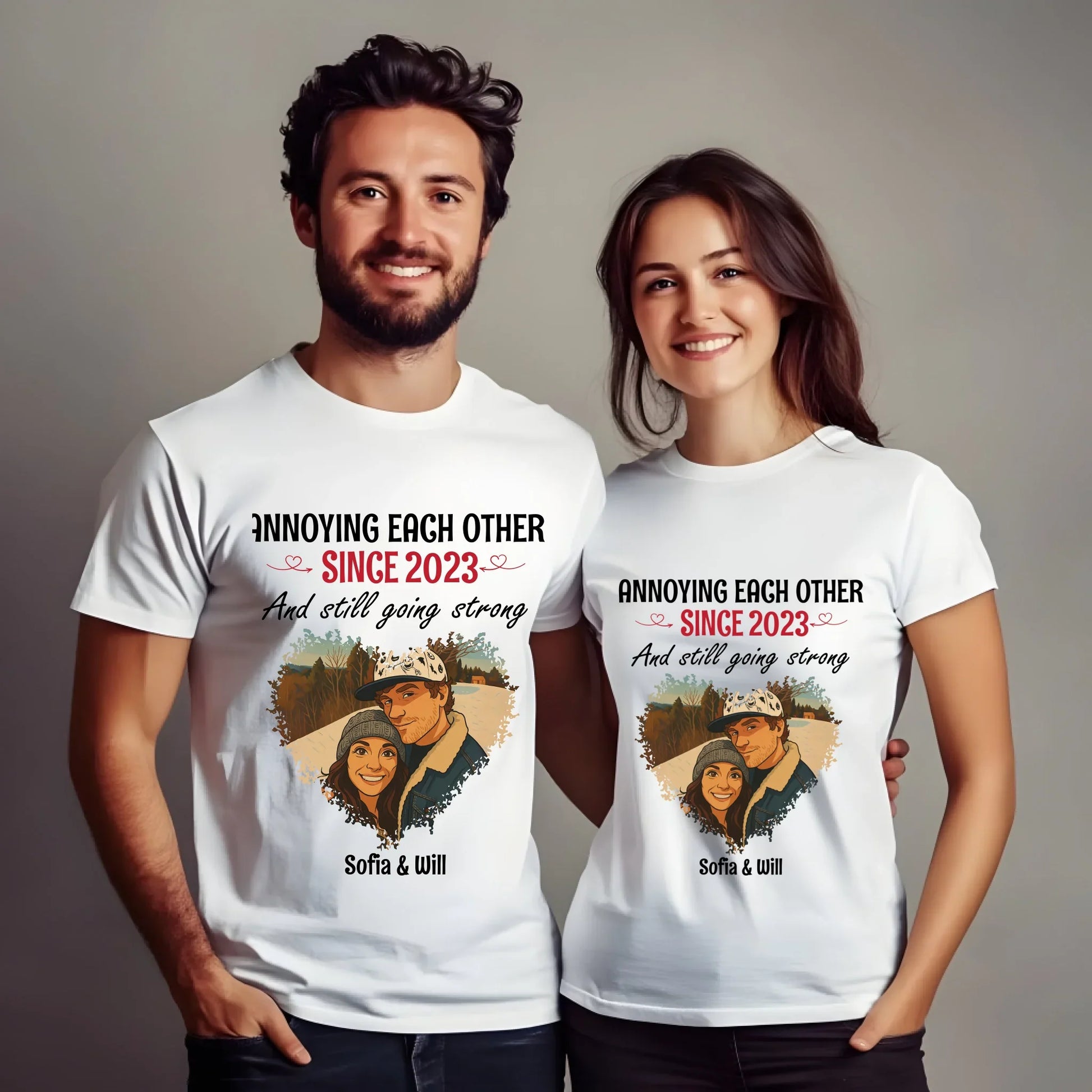 Custom Couple Portrait Shirt – Annoying Each Other Since [Year]** Hoodie, Sweatshirt | InkThreadWorks.com (Image 1)
