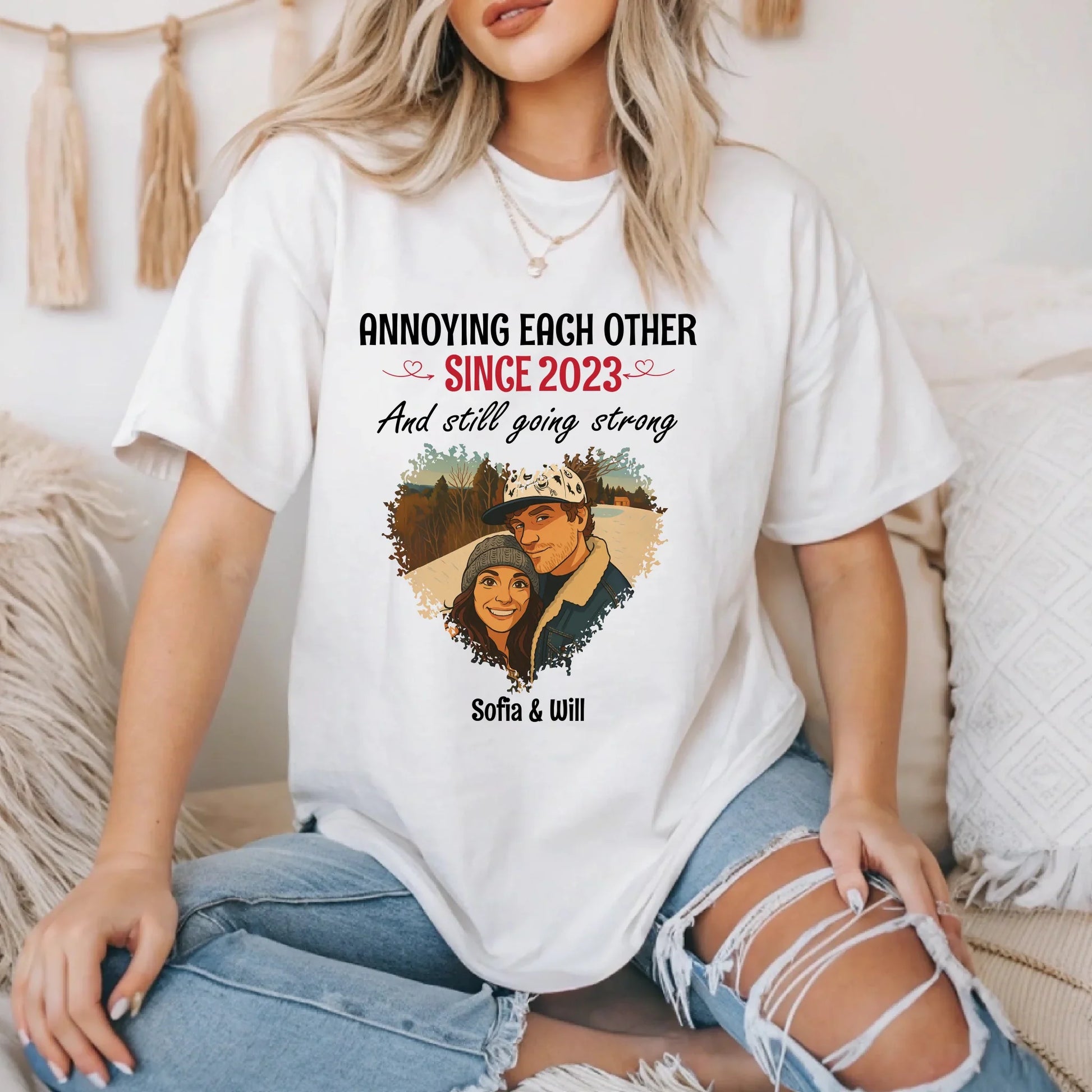 Custom Couple Portrait Shirt – Annoying Each Other Since [Year]** Hoodie, Sweatshirt | InkThreadWorks.com (Image 2)