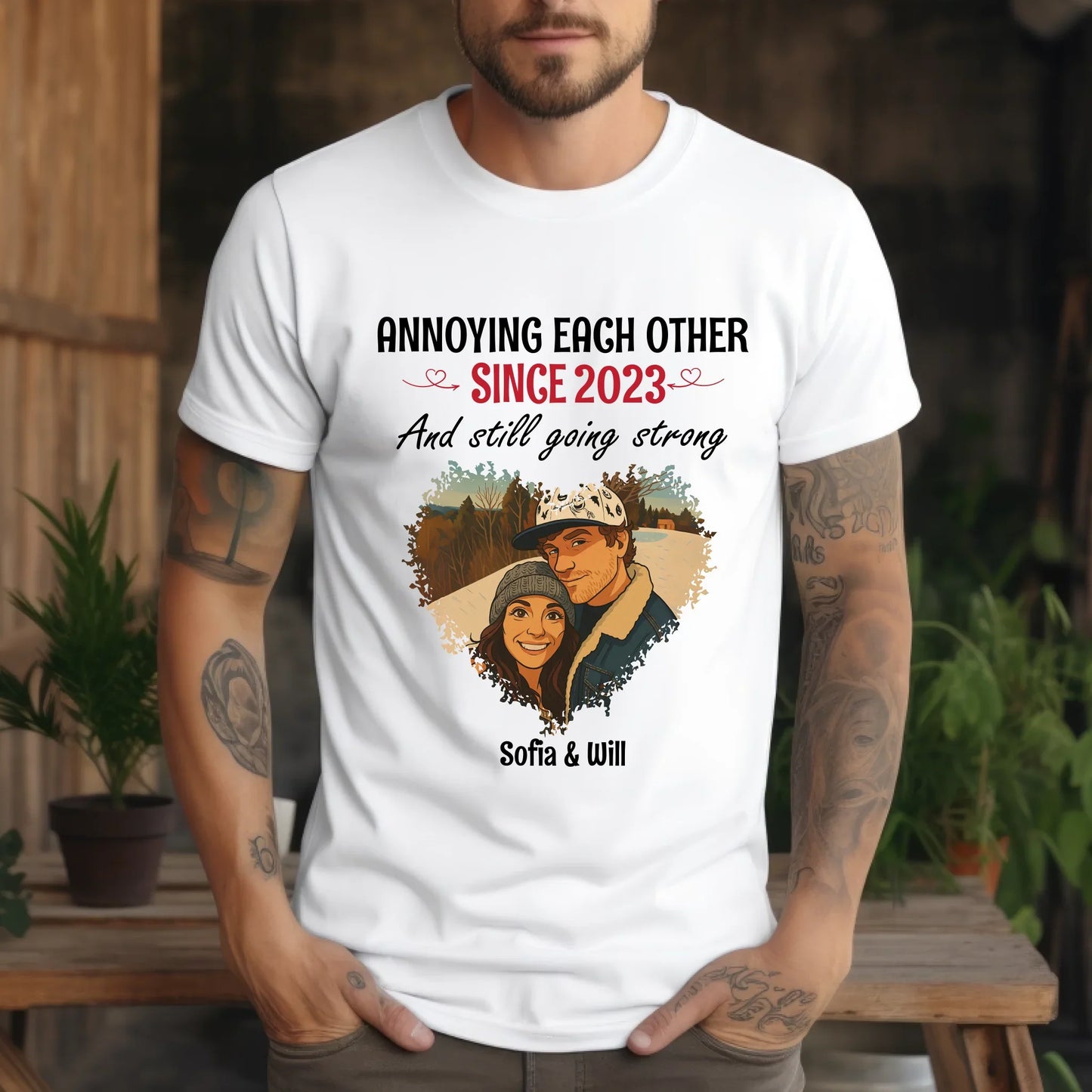 Custom Couple Portrait Shirt – Annoying Each Other Since [Year]** Hoodie, Sweatshirt | InkThreadWorks.com (Image 3)
