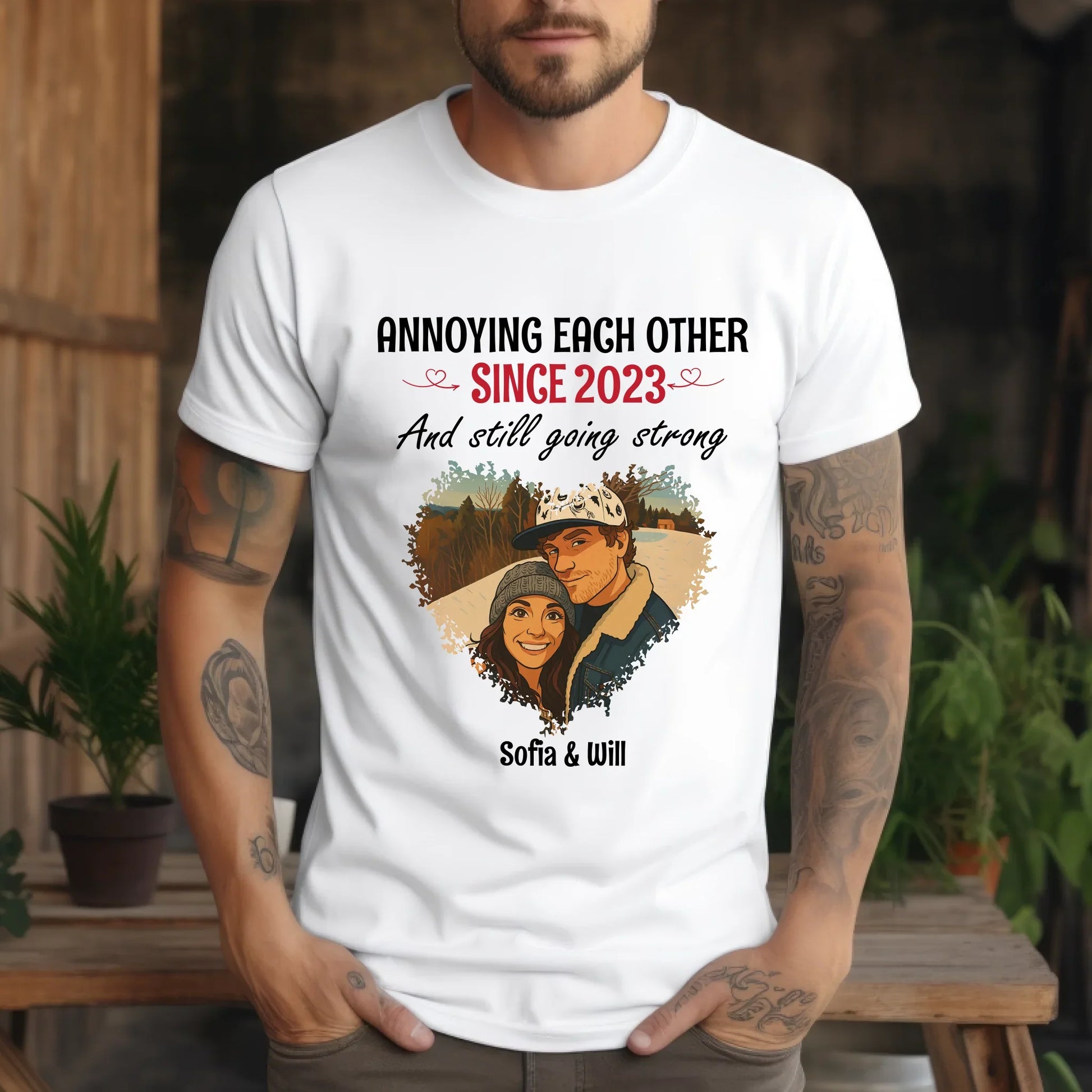 Custom Couple Portrait Shirt – Annoying Each Other Since [Year]** Hoodie, Sweatshirt | InkThreadWorks.com (Image 3)