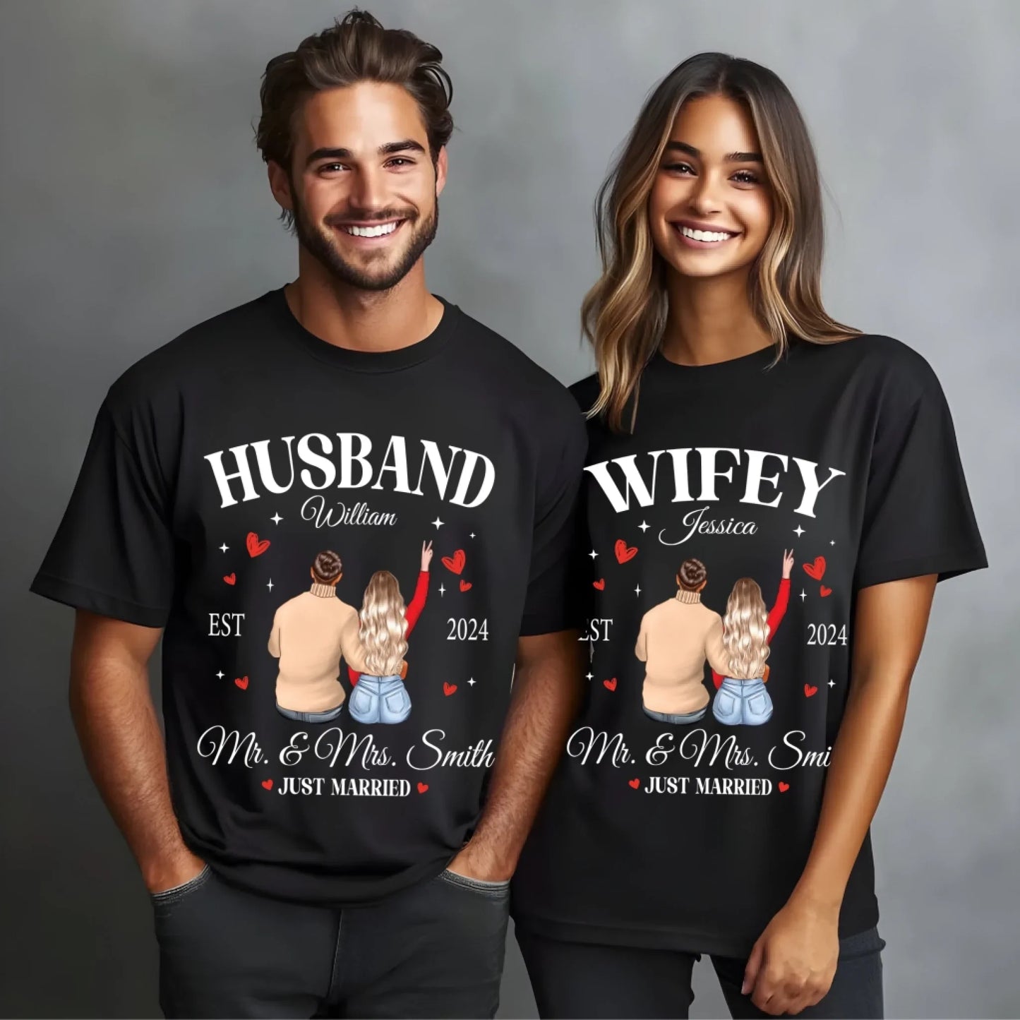 Personalized Just Married Couple Shirts – Husband & Wifey – Custom Names, Year & Characters Hoodie, Sweatshirt (Image 2)
