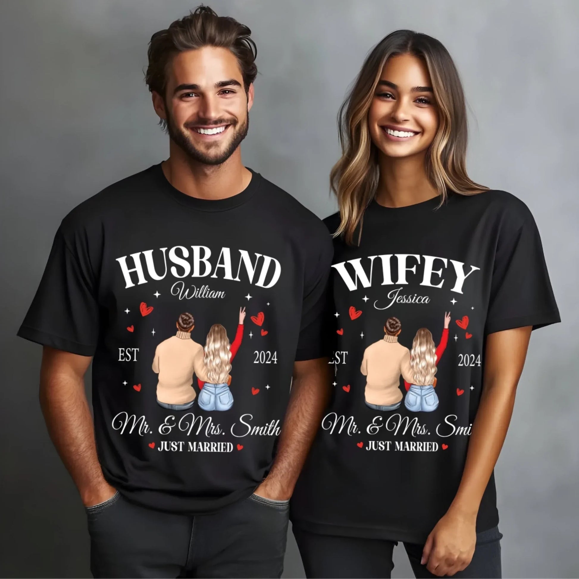 Personalized Just Married Couple Shirts – Husband & Wifey – Custom Names, Year & Characters Hoodie, Sweatshirt (Image 2)