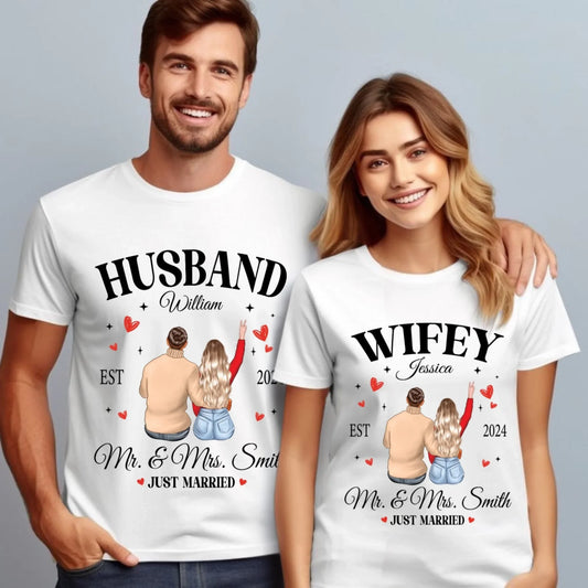 Personalized Just Married Couple Shirts – Husband & Wifey – Custom Names, Year & Characters Hoodie, Sweatshirt (Image 1)