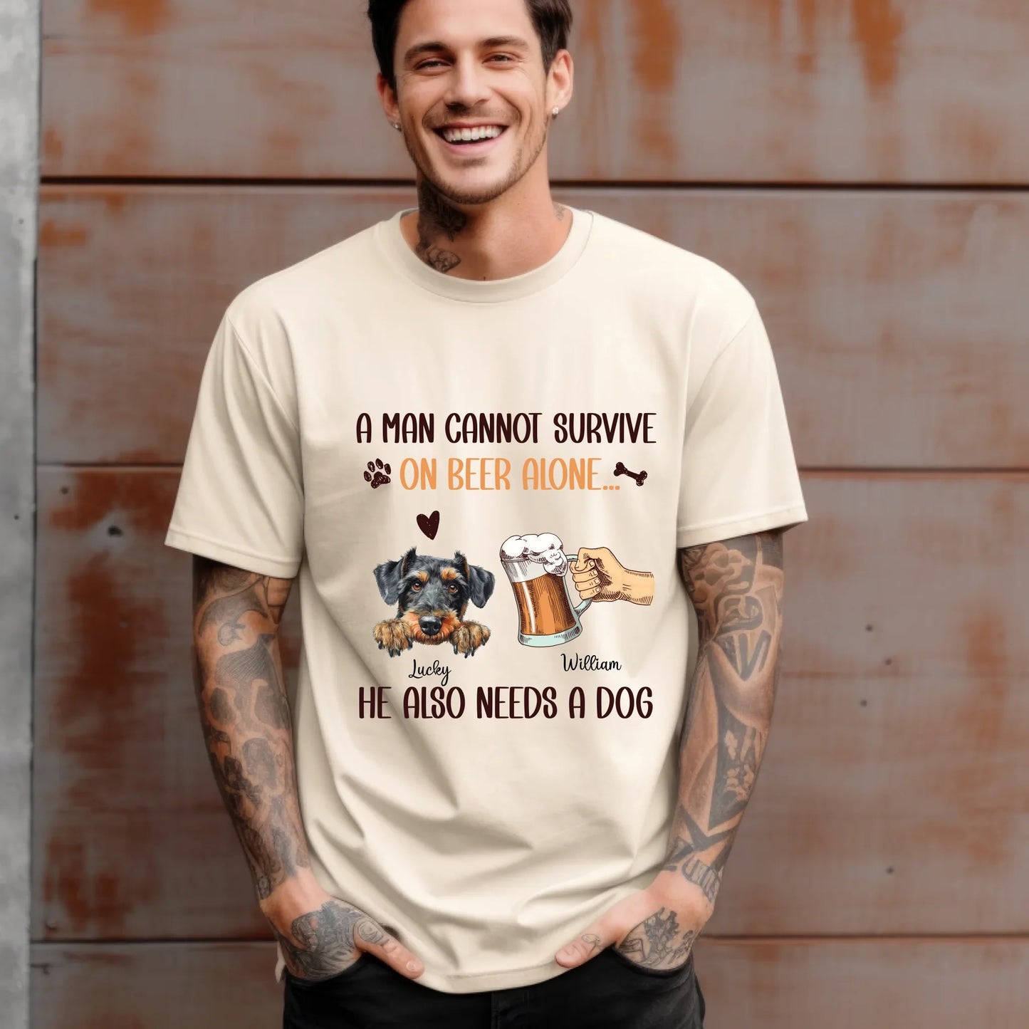 Personalized Beer & Dog Lover T-Shirt – A Man Cannot Survive On Beer Alone – Custom Dog Breed & Name Hoodie,... (Image 1)