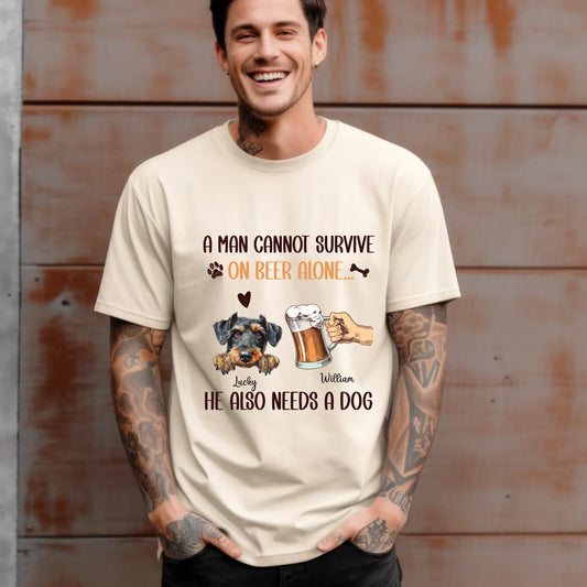 Personalized Beer & Dog Lover T-Shirt – A Man Cannot Survive On Beer Alone – Custom Dog Breed & Name Hoodie,... (Image 1)