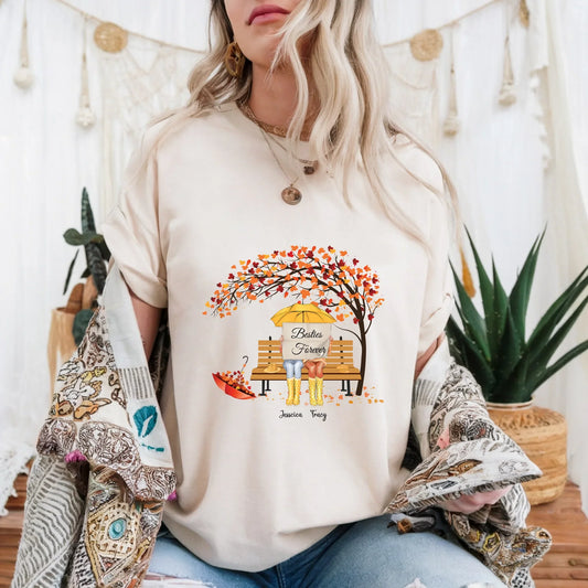 Personalized Besties Forever Shirt – Custom Names & Number of Characters – Autumn Fall Bench Scene Gift for... (Image 1)