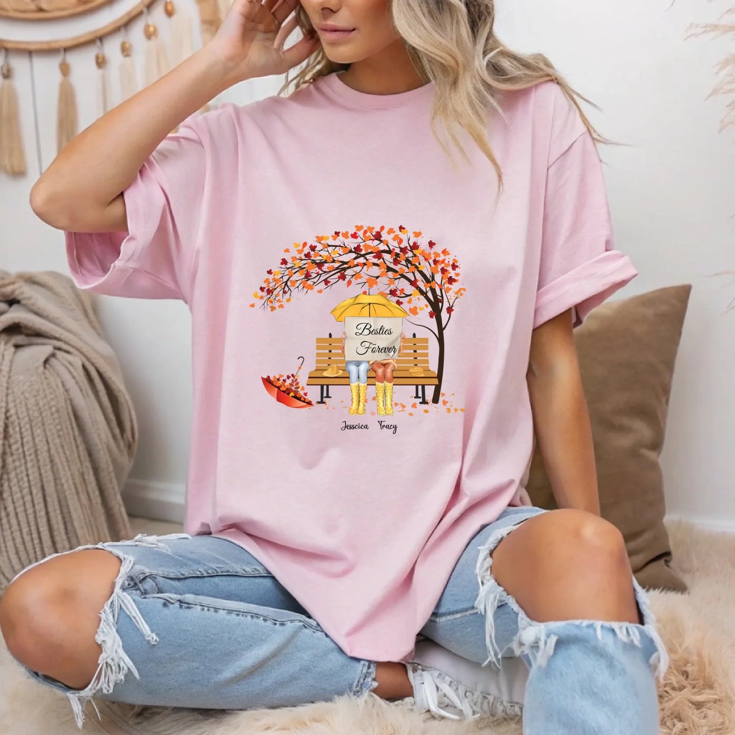 Personalized Besties Forever Shirt – Custom Names & Number of Characters – Autumn Fall Bench Scene Gift for... (Image 2)