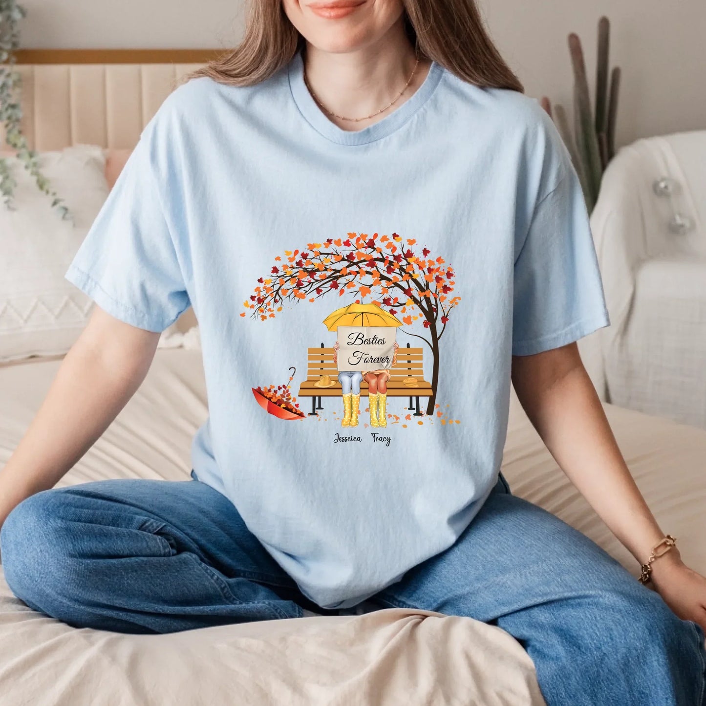 Personalized Besties Forever Shirt – Custom Names & Number of Characters – Autumn Fall Bench Scene Gift for... (Image 3)