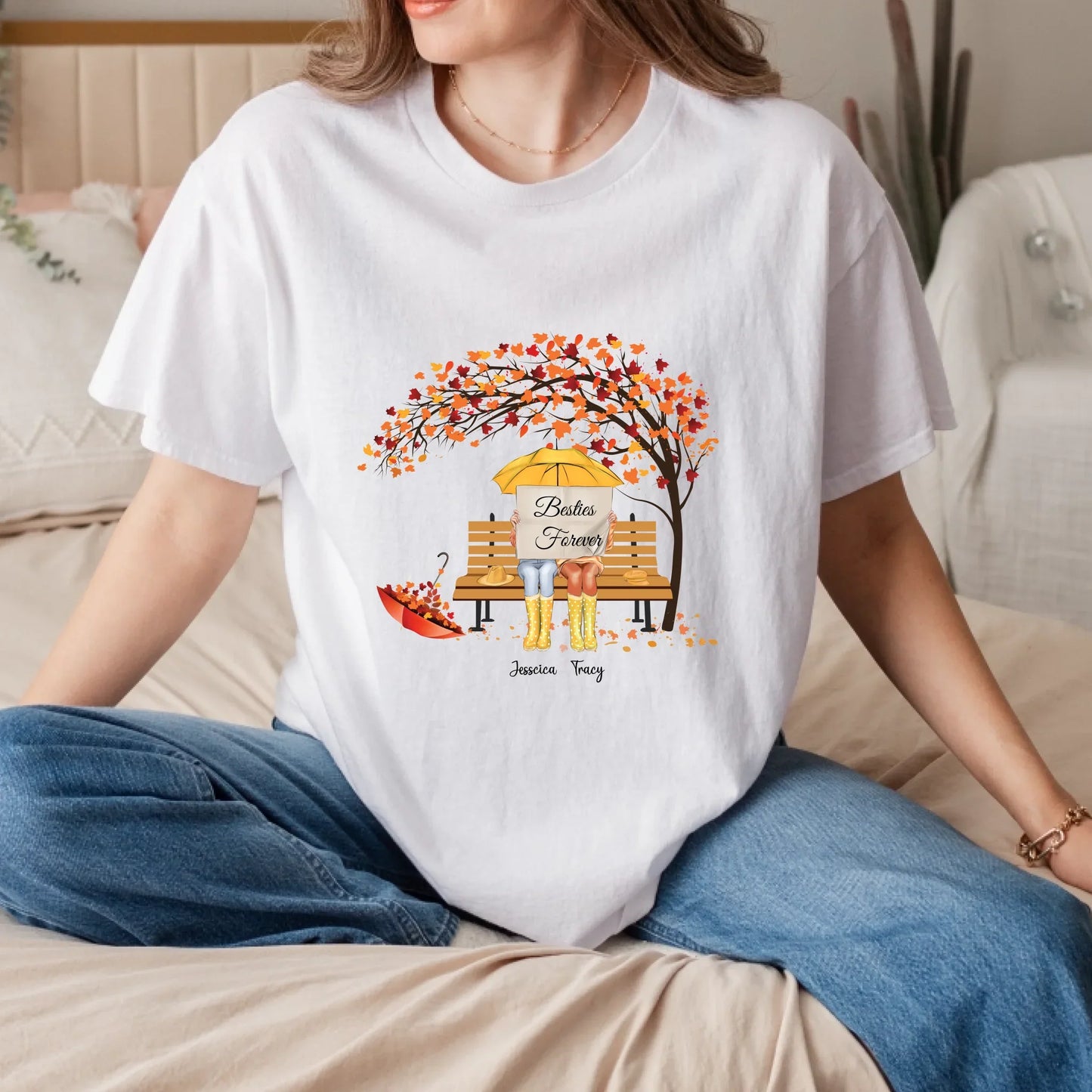 Personalized Besties Forever Shirt – Custom Names & Number of Characters – Autumn Fall Bench Scene Gift for... (Image 4)