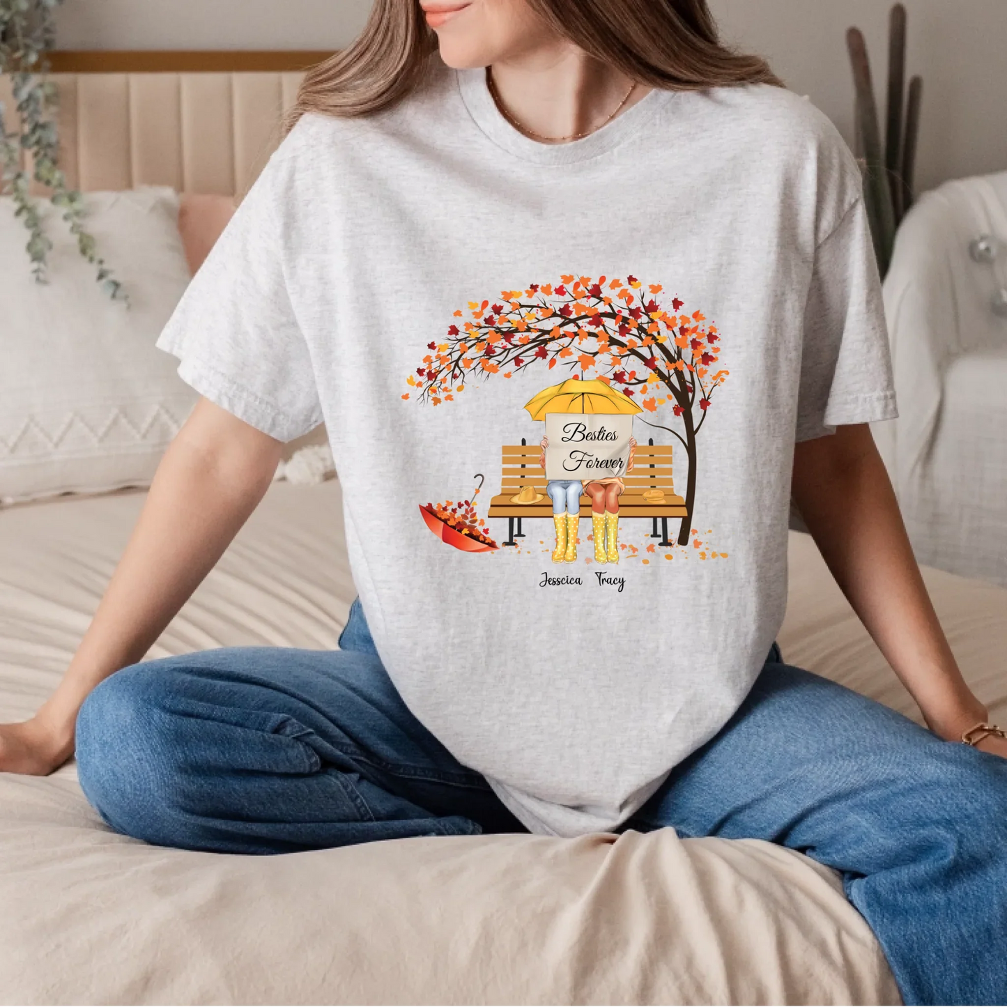 Personalized Besties Forever Shirt – Custom Names & Number of Characters – Autumn Fall Bench Scene Gift for... (Image 5)