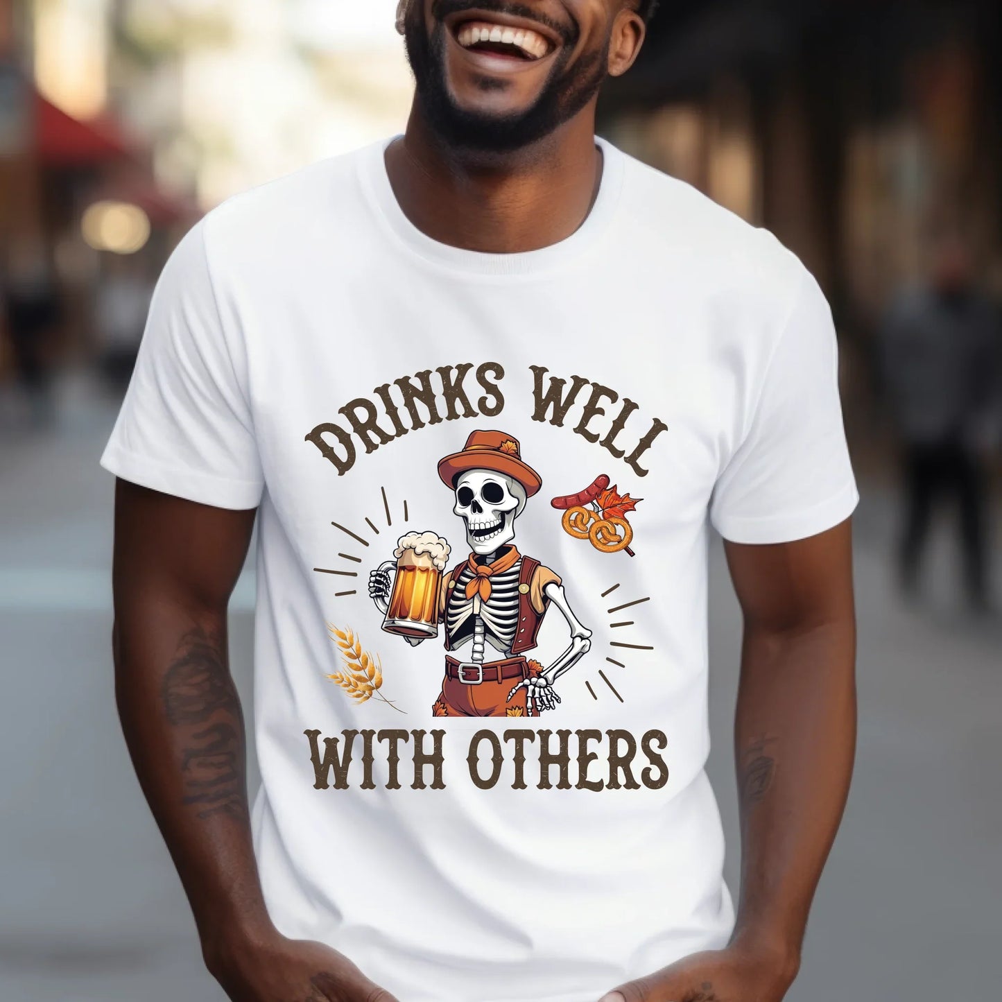 Drinks Well With Others T-Shirt – Funny Skeleton Beer Lover Tee Hoodie, Sweatshirt | InkThreadWorks.com (Image 1)